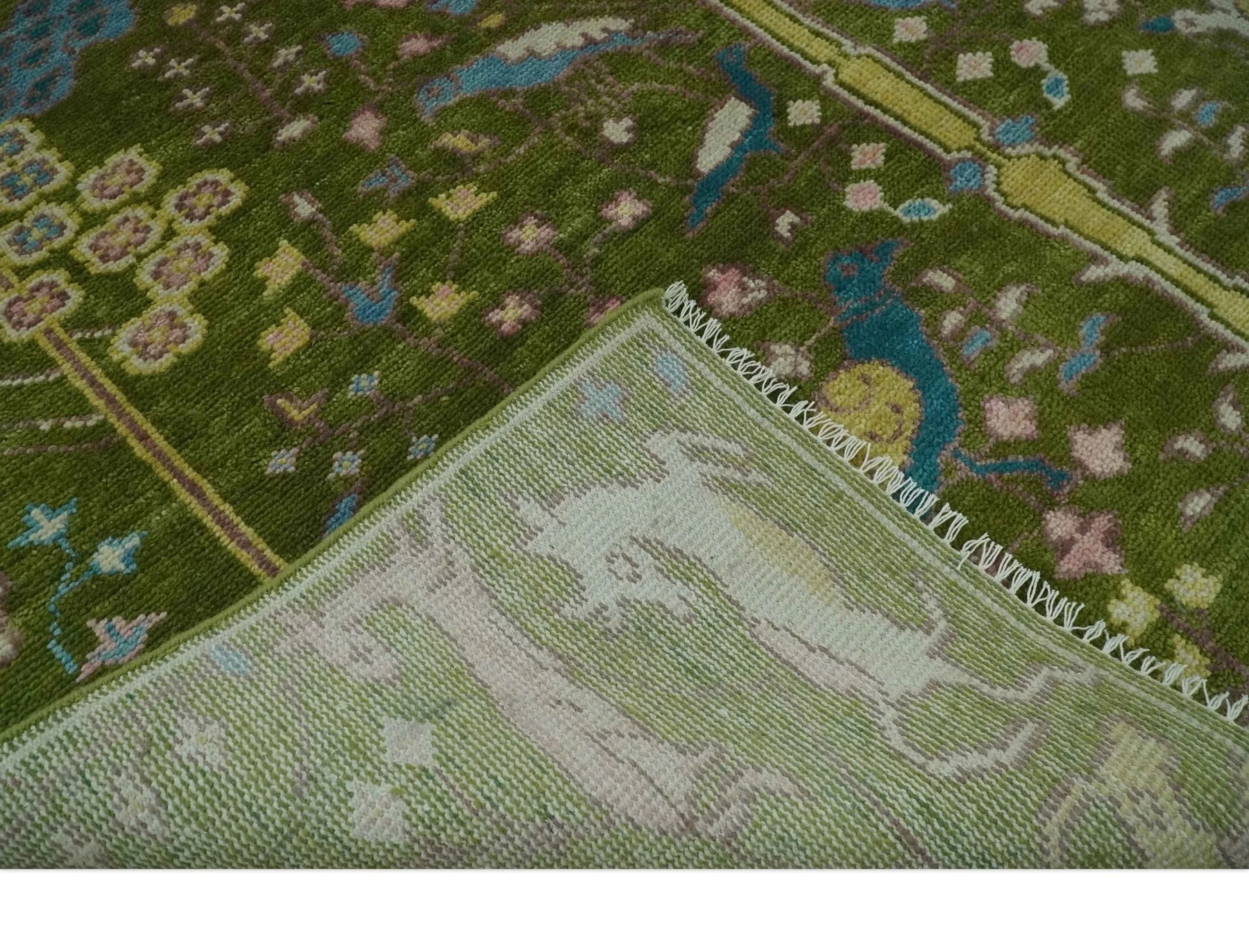 The Green Jungle Life Teal and Peach Peacock Bird Hand Knotted Custom Made Wool Area Rug