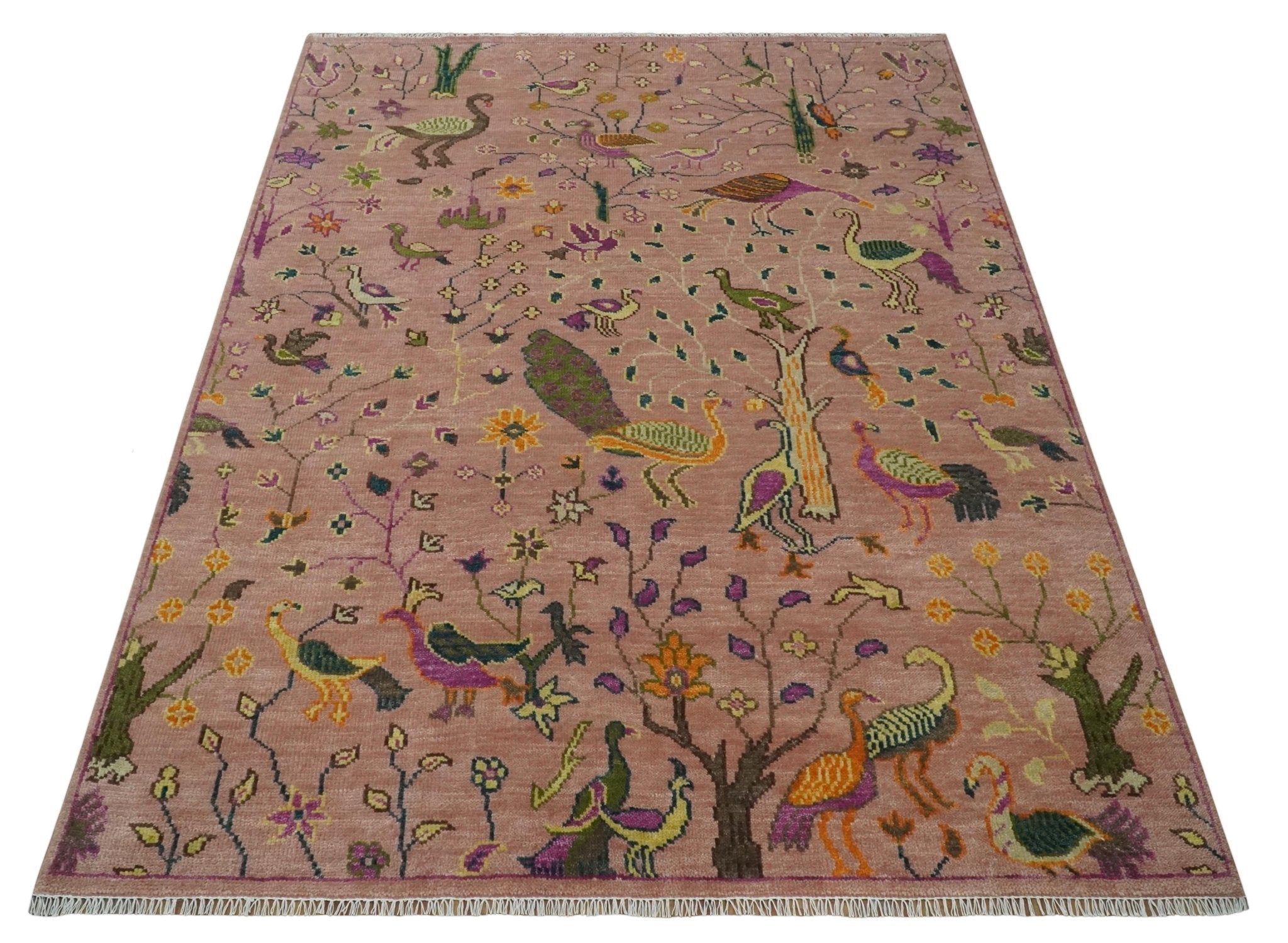 The Jungle Life Peacock on tree Rug Hand Knotted Multi Size Peach Wool Rug - The Rug Decor