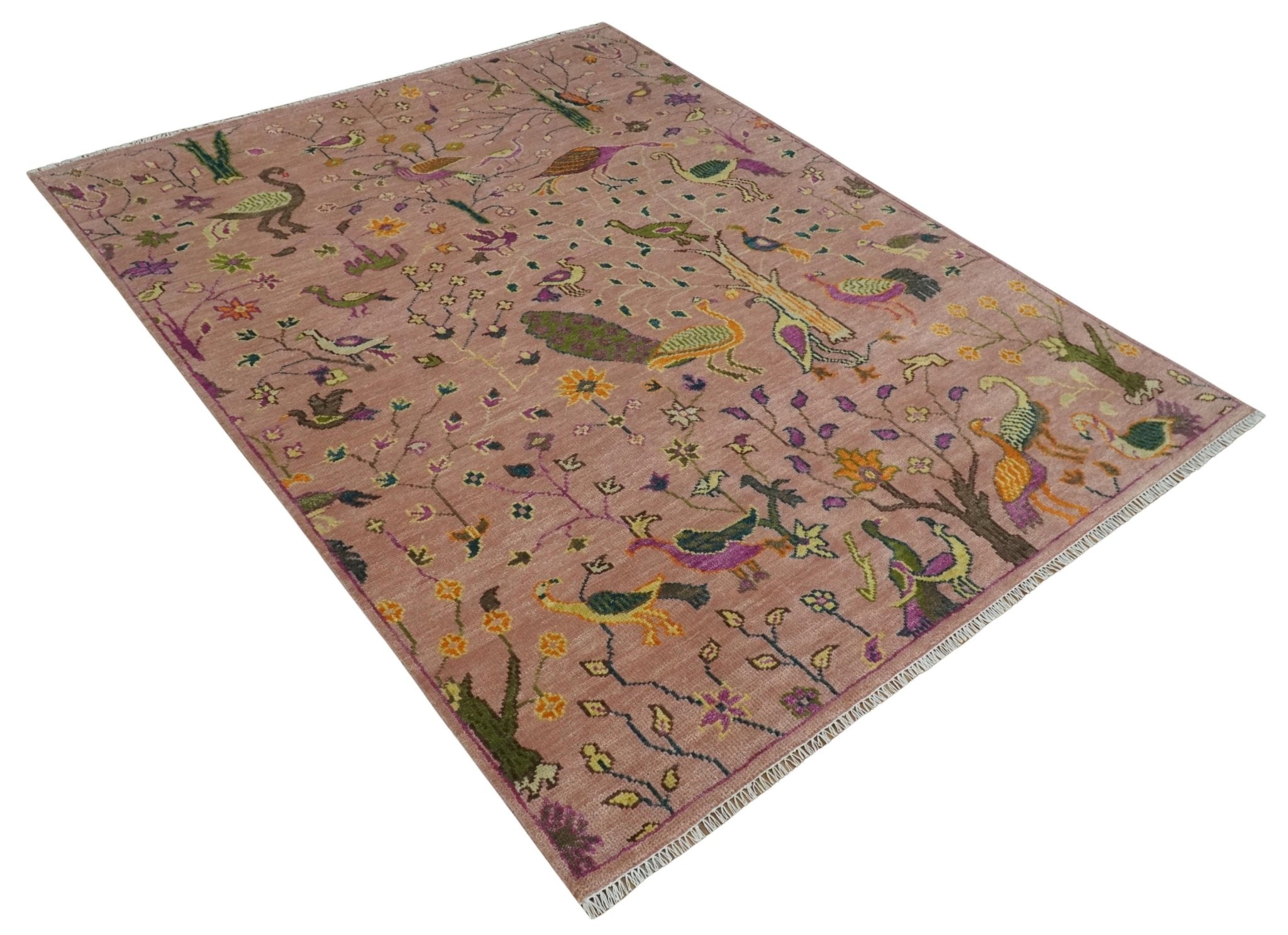 The Jungle Life Peacock on tree Rug Hand Knotted Multi Size Peach Wool Rug - The Rug Decor
