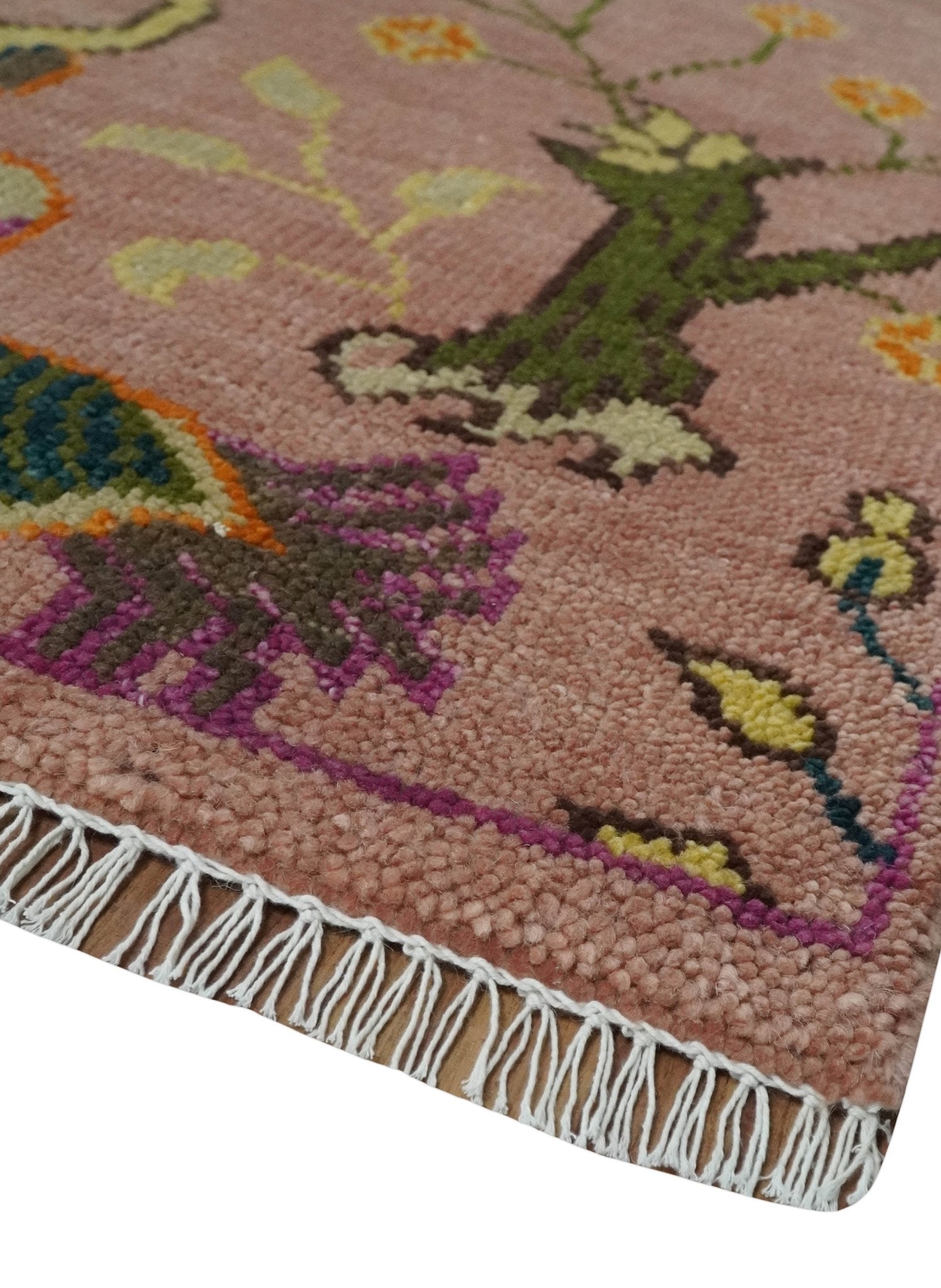 The Jungle Life Peacock on tree Rug Hand Knotted Multi Size Peach Wool Rug - The Rug Decor