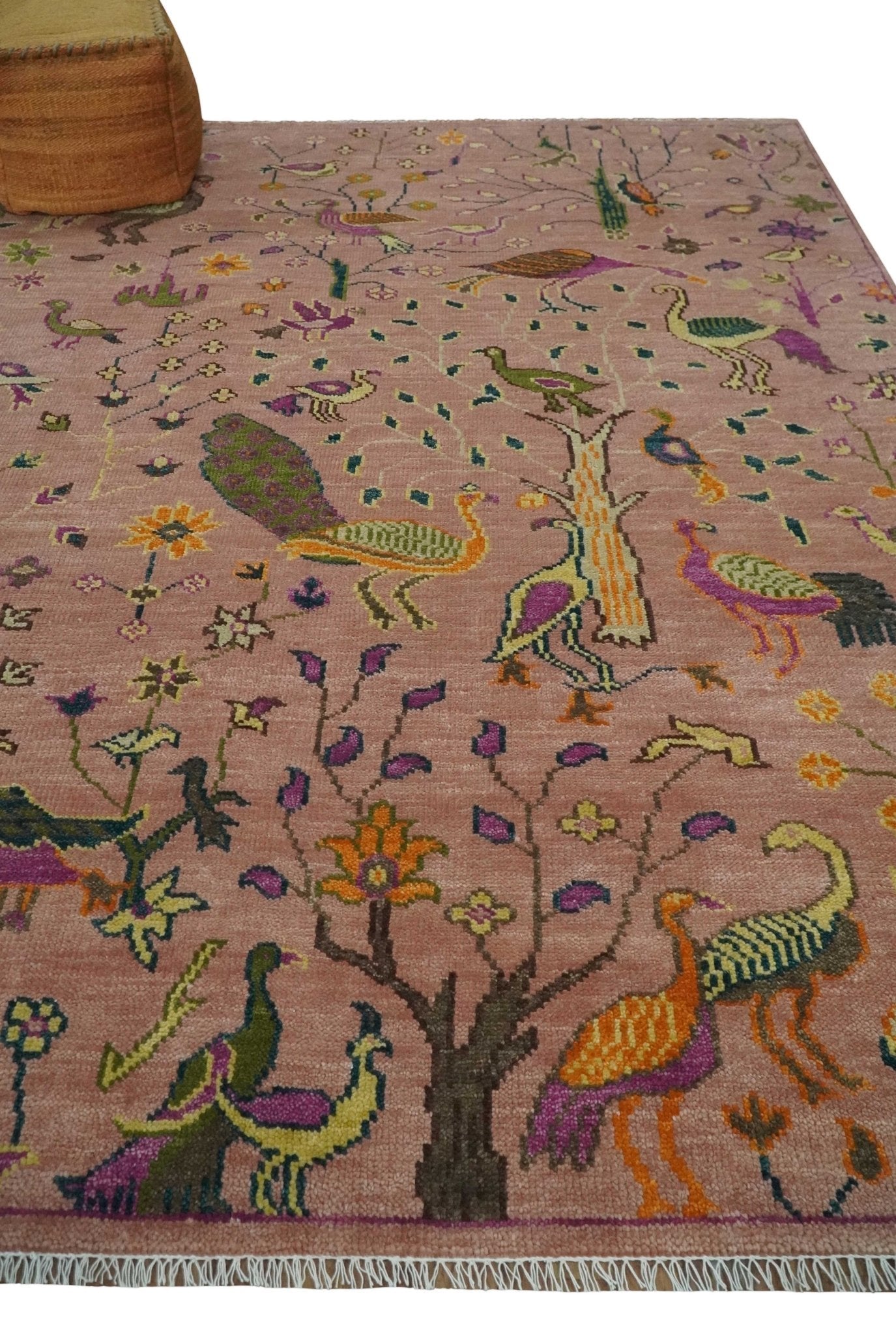 The Jungle Life Peacock on tree Rug Hand Knotted Multi Size Peach Wool Rug - The Rug Decor
