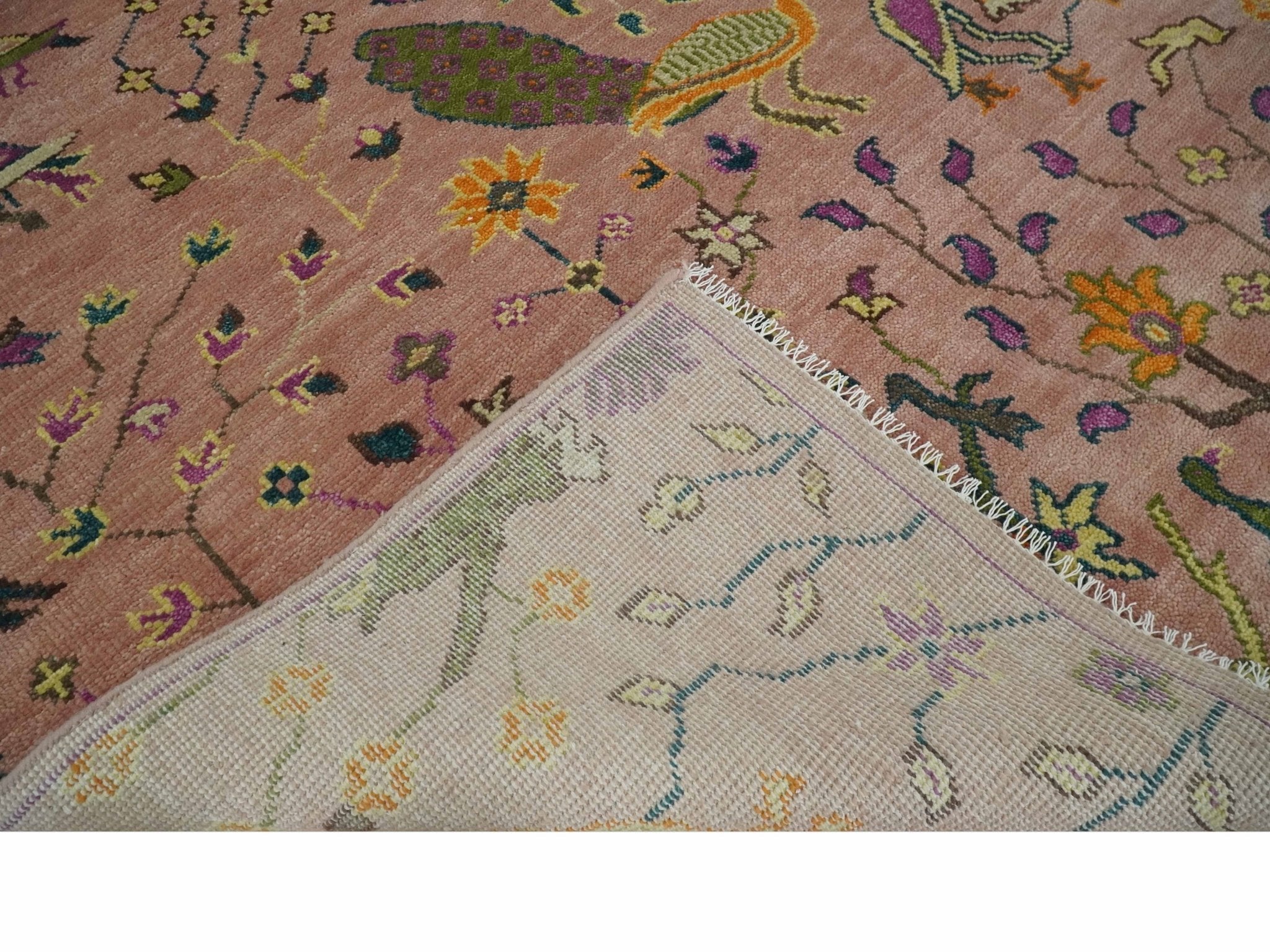 The Jungle Life Peacock on tree Rug Hand Knotted Multi Size Peach Wool Rug - The Rug Decor