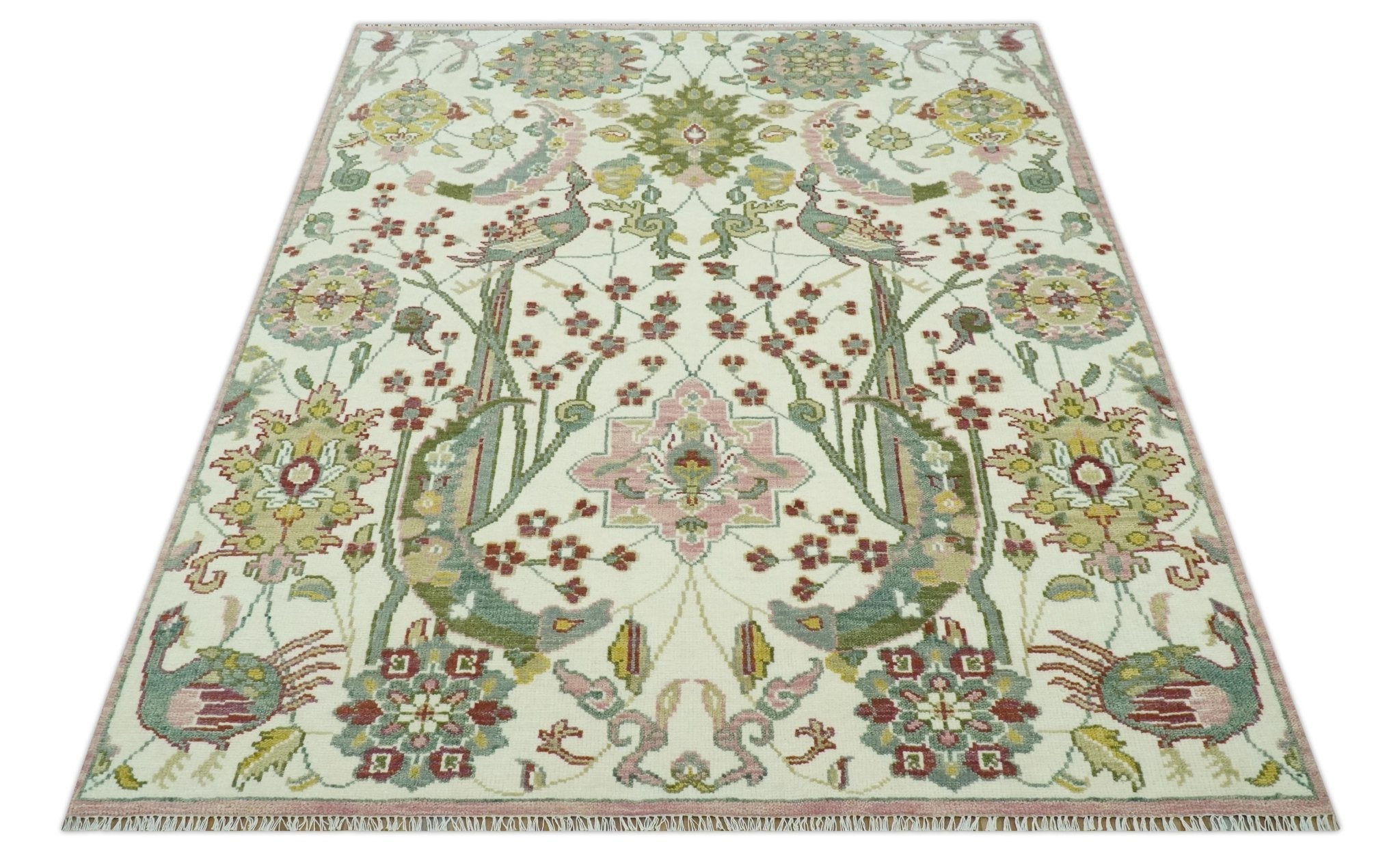 The Peacock Garden Ivory and Green Bird Hand Knotted Multi size Wool Area Rug