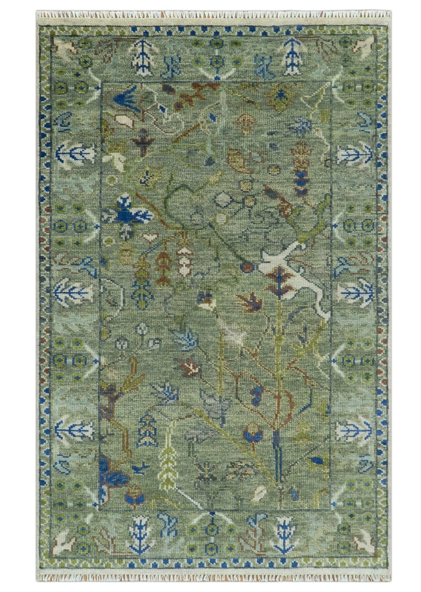 The Plants and Roots Green Hand Knotted Traditional Custom Made Wool Area Rug