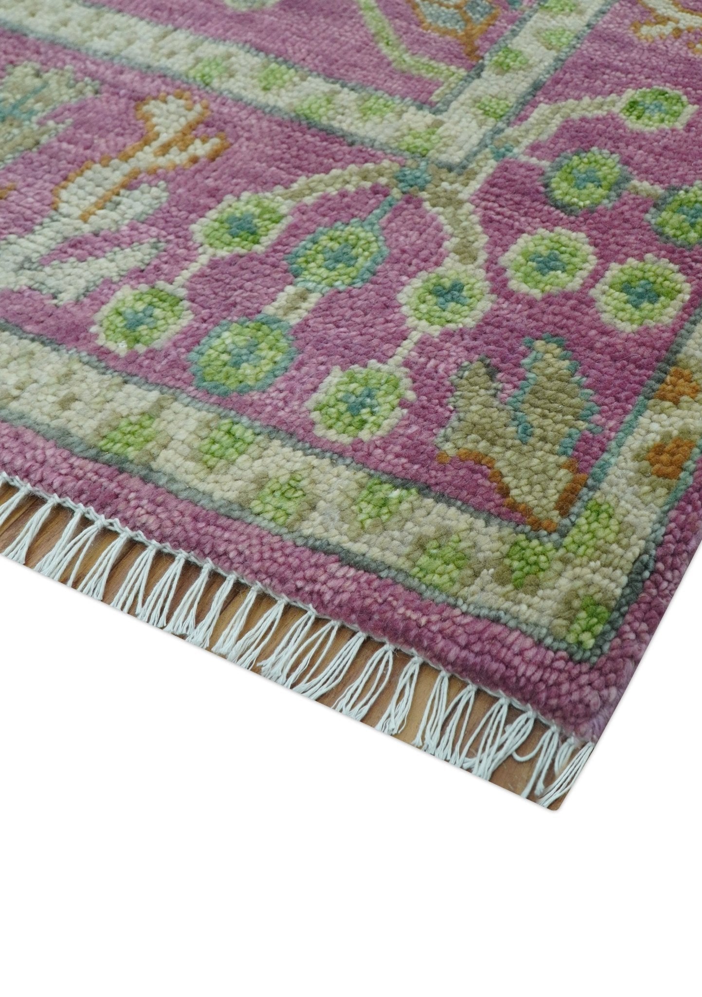 The Plants and Roots Pink and Green Hand Knotted Traditional Custom Made Wool Rug - The Rug Decor