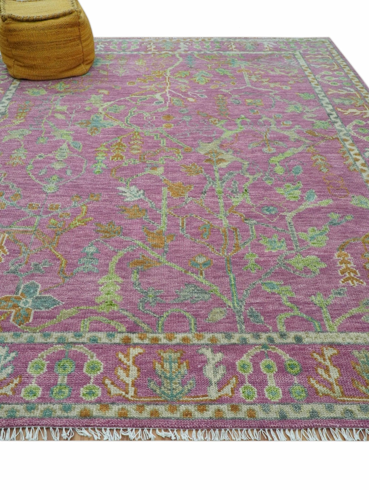 The Plants and Roots Pink and Green Hand Knotted Traditional Custom Made Wool Rug - The Rug Decor