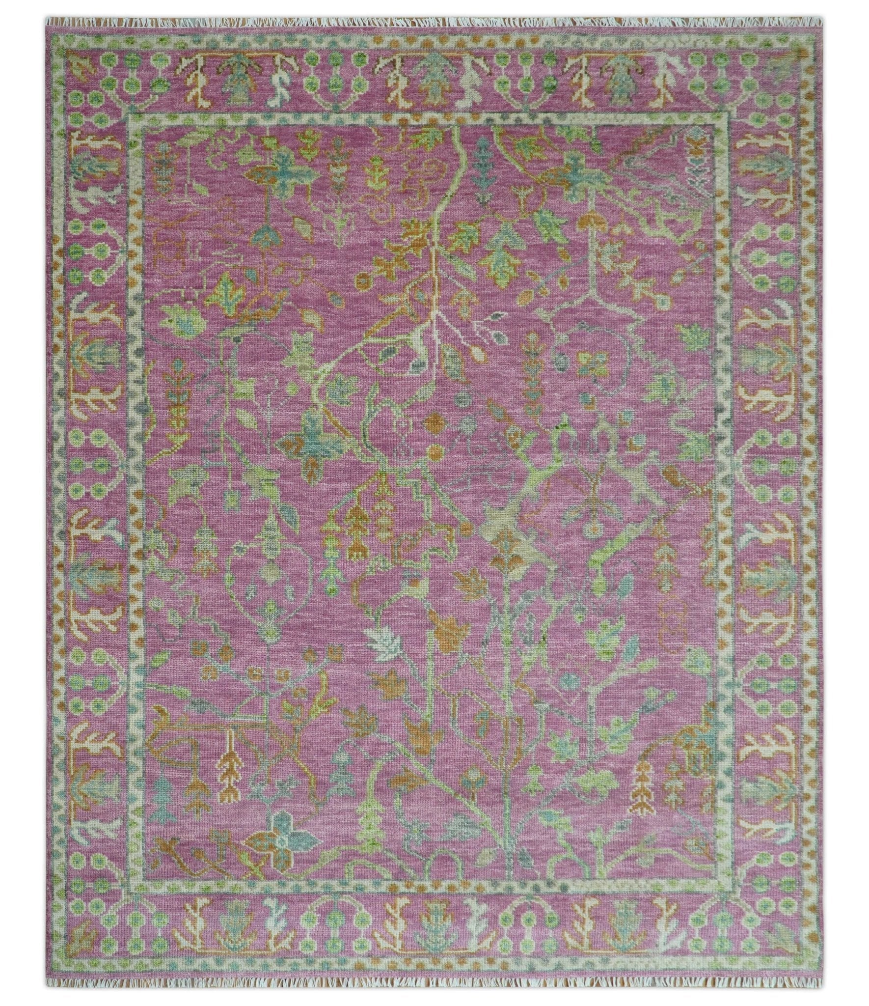 The Plants and Roots Pink and Green Hand Knotted Traditional Custom Made Wool Rug - The Rug Decor