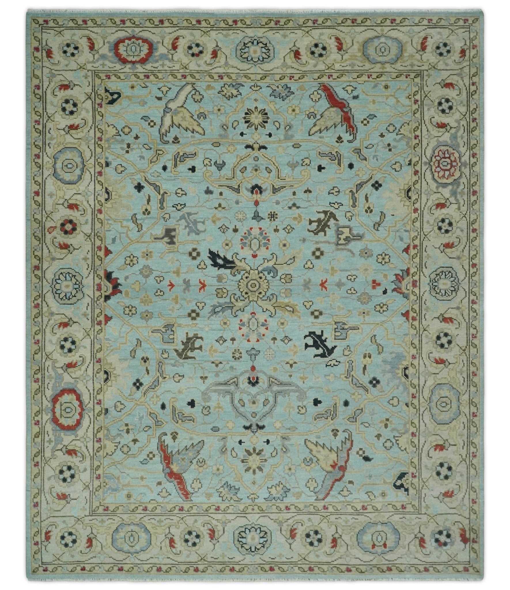 Traditional Floral Aqua, Ivory and Beige Oriental Oushak Multi size wool Area Rug - The Rug Decor