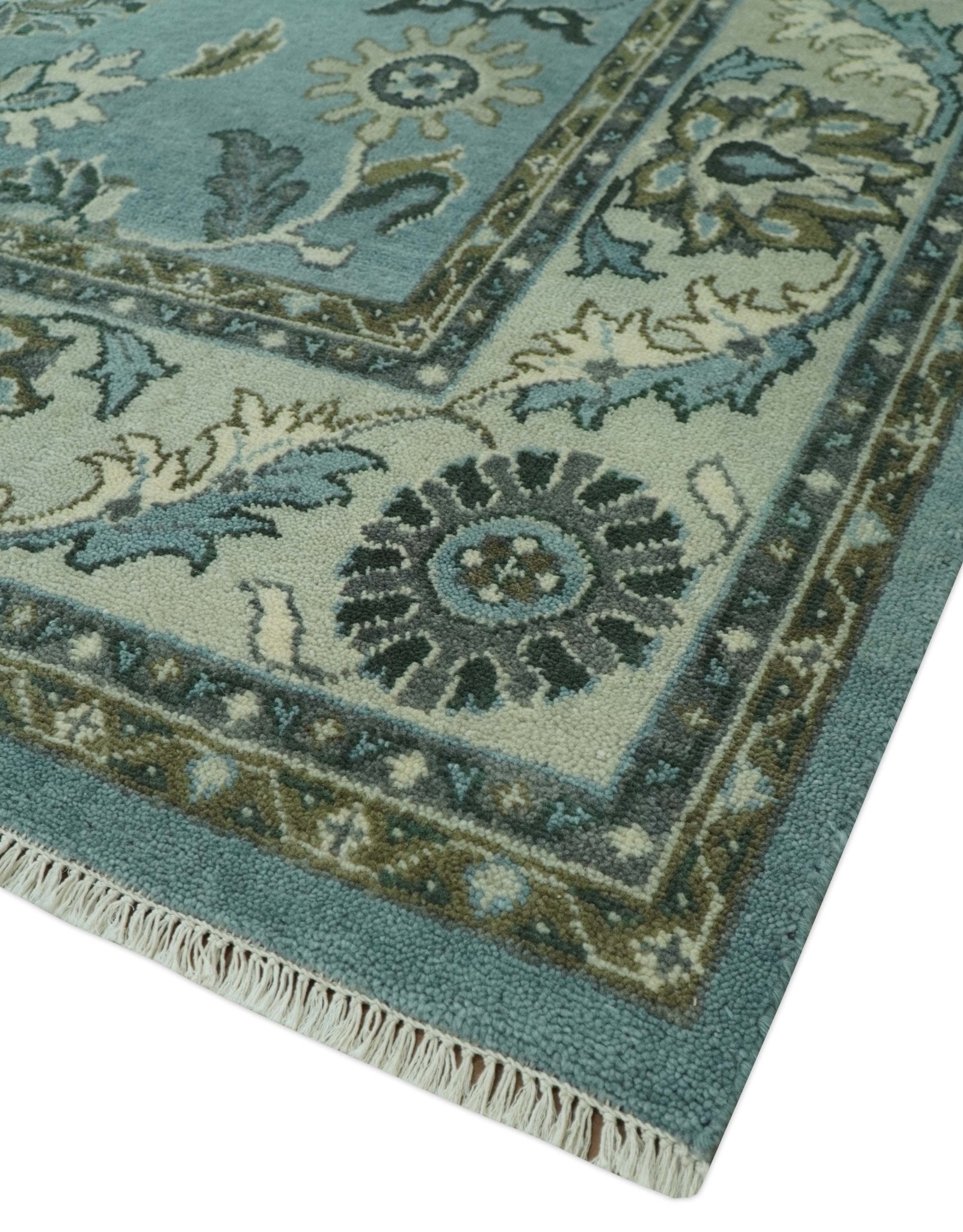 Traditional Floral Blue and Beige 8X10 Antique Style Hand Knotted Wool Rug