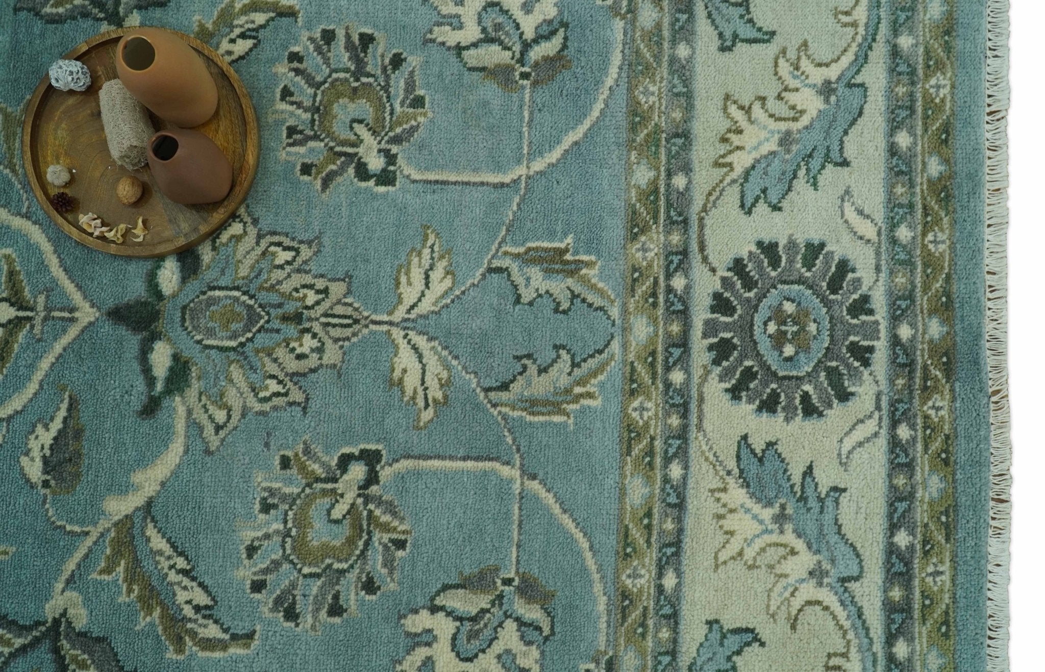 Traditional Floral Blue and Beige 8X10 Antique Style Hand Knotted Wool Rug