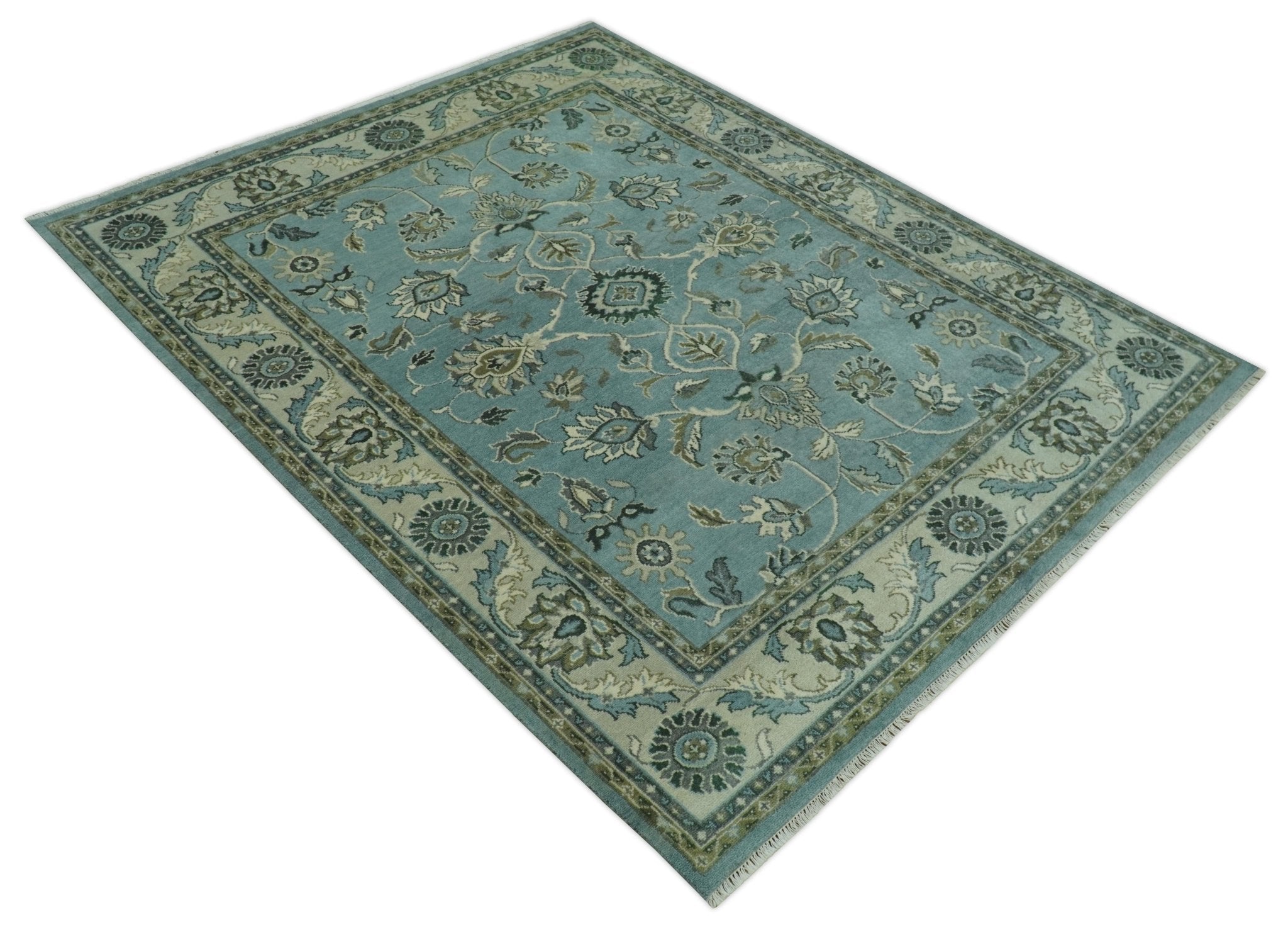 Traditional Floral Blue and Beige 8X10 Antique Style Hand Knotted Wool Rug