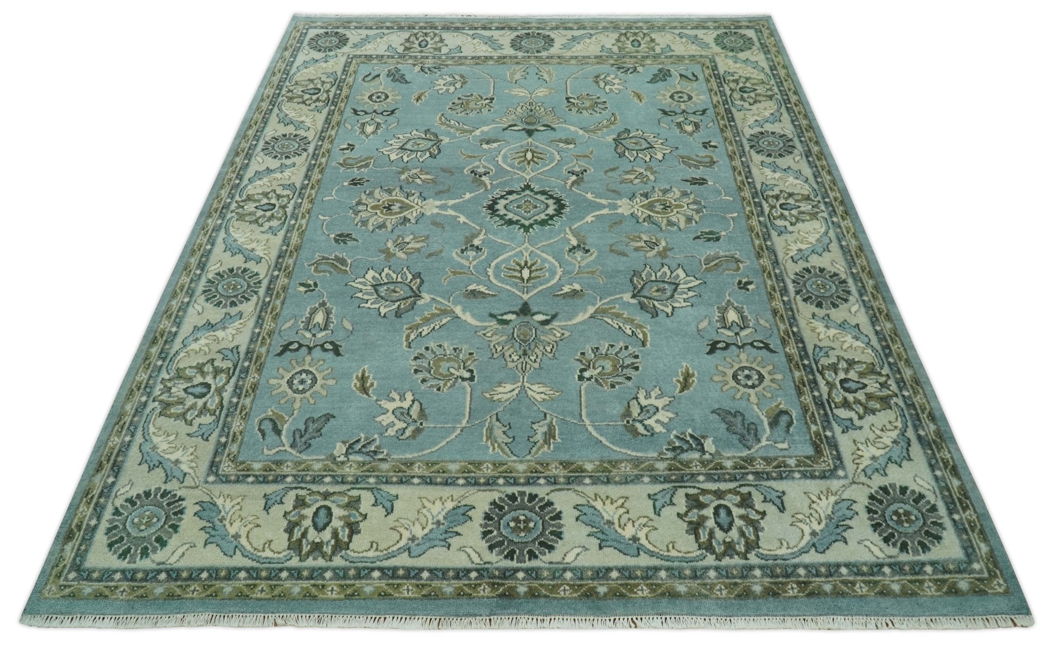 Traditional Floral Blue and Beige 8X10 Antique Style Hand Knotted Wool Rug
