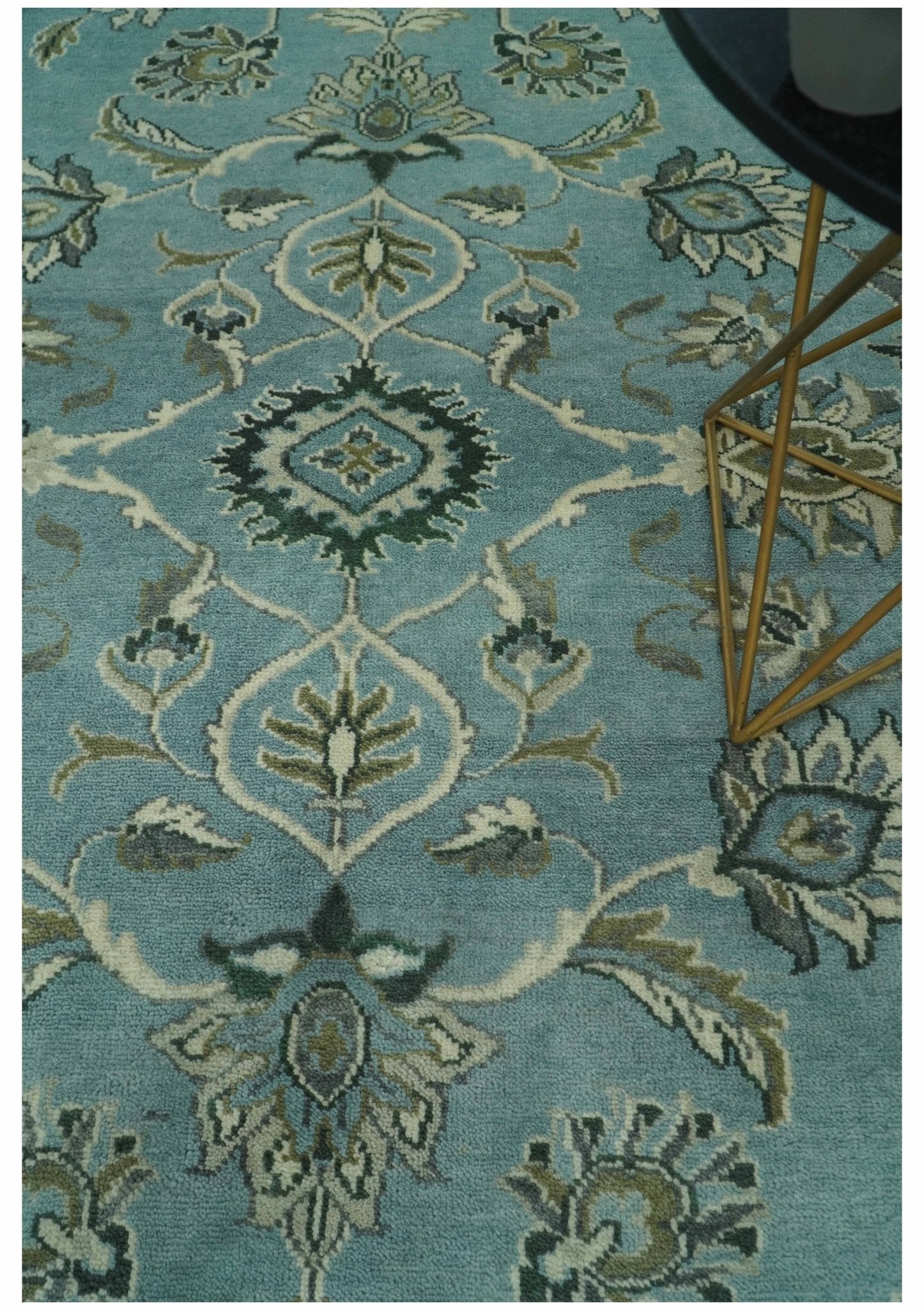 Traditional Floral Blue and Beige 8X10 Antique Style Hand Knotted Wool Rug