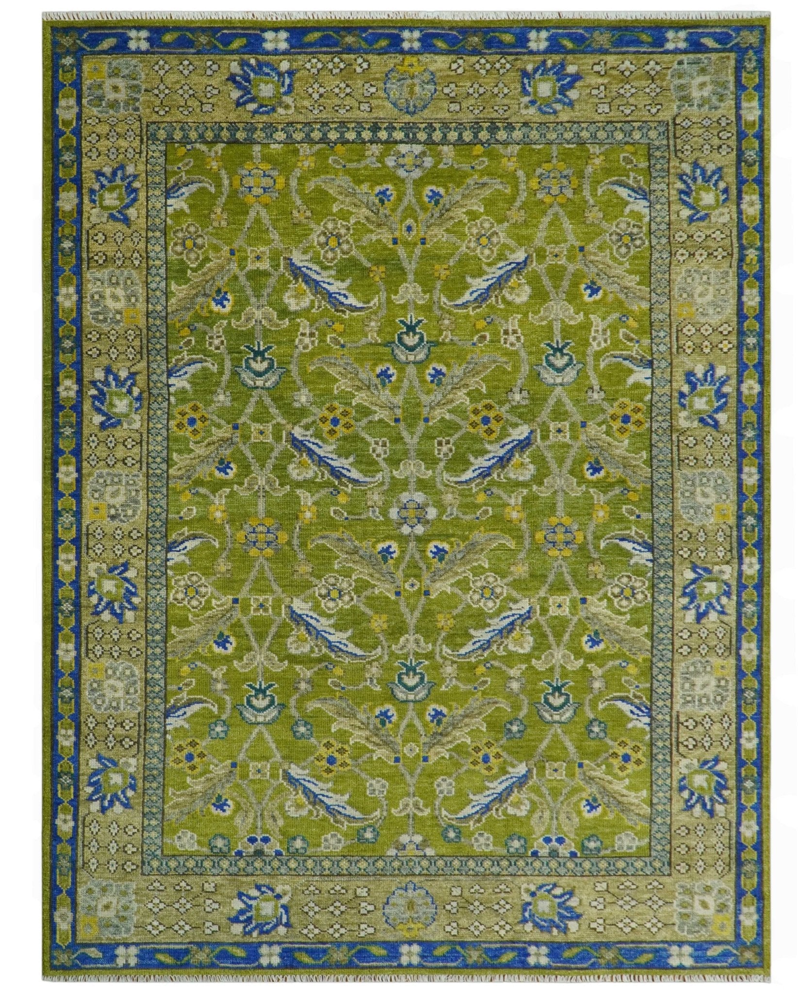 Traditional Floral Green and Blue Hand Knotted Multi size wool area rug - The Rug Decor
