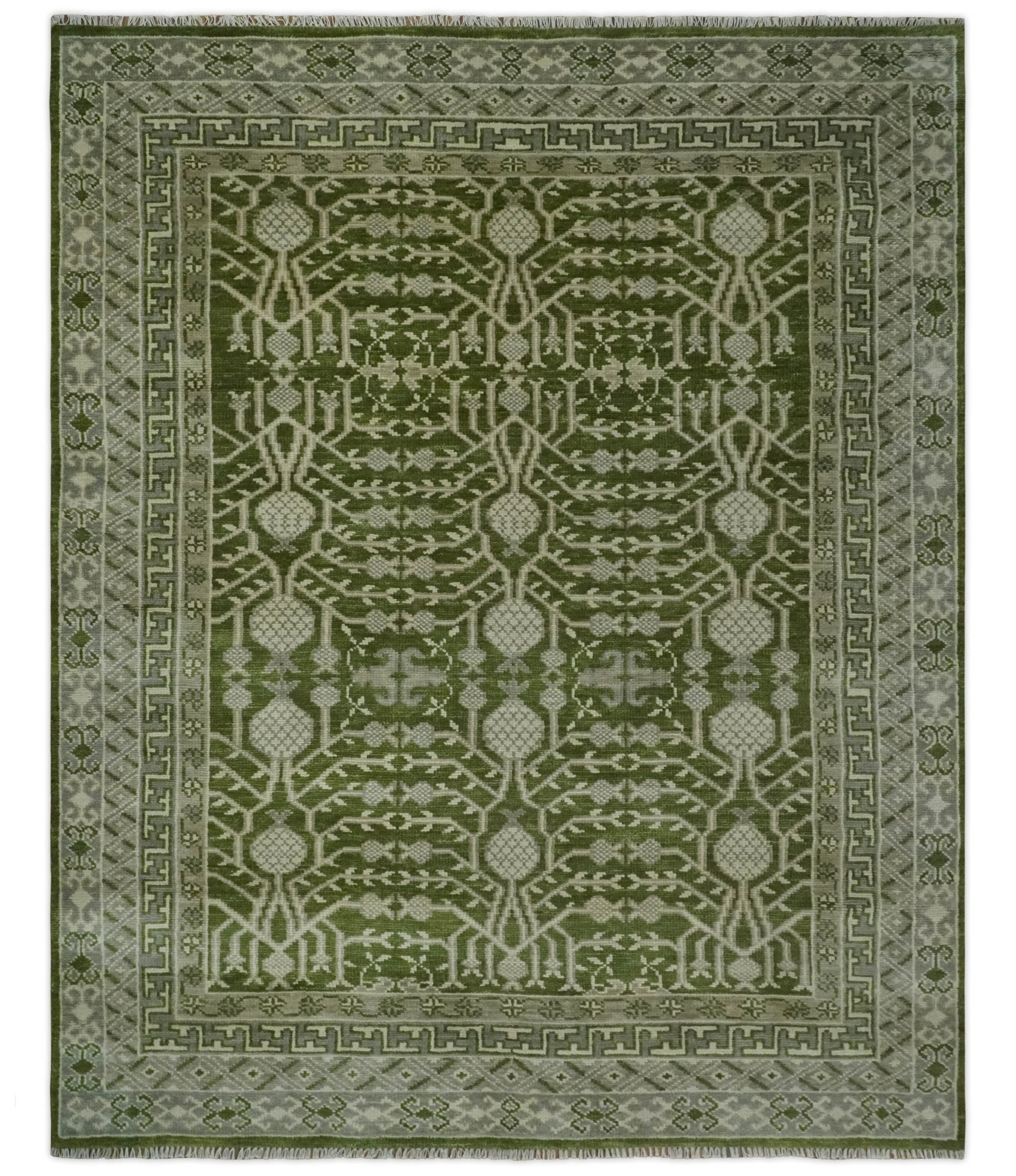 Traditional Hand knotted Royal Green and Ivory Turkish Design wool Area Rug - The Rug Decor