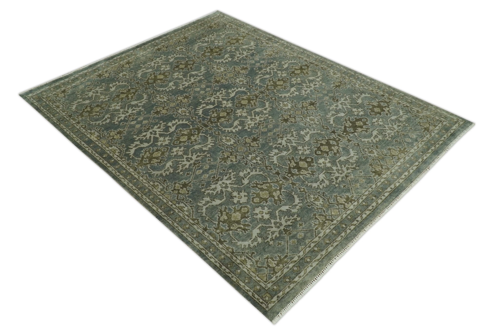 Traditional Ikat large Design Gray, Silver and Olive 8x10 Hand Knotted wool area rug