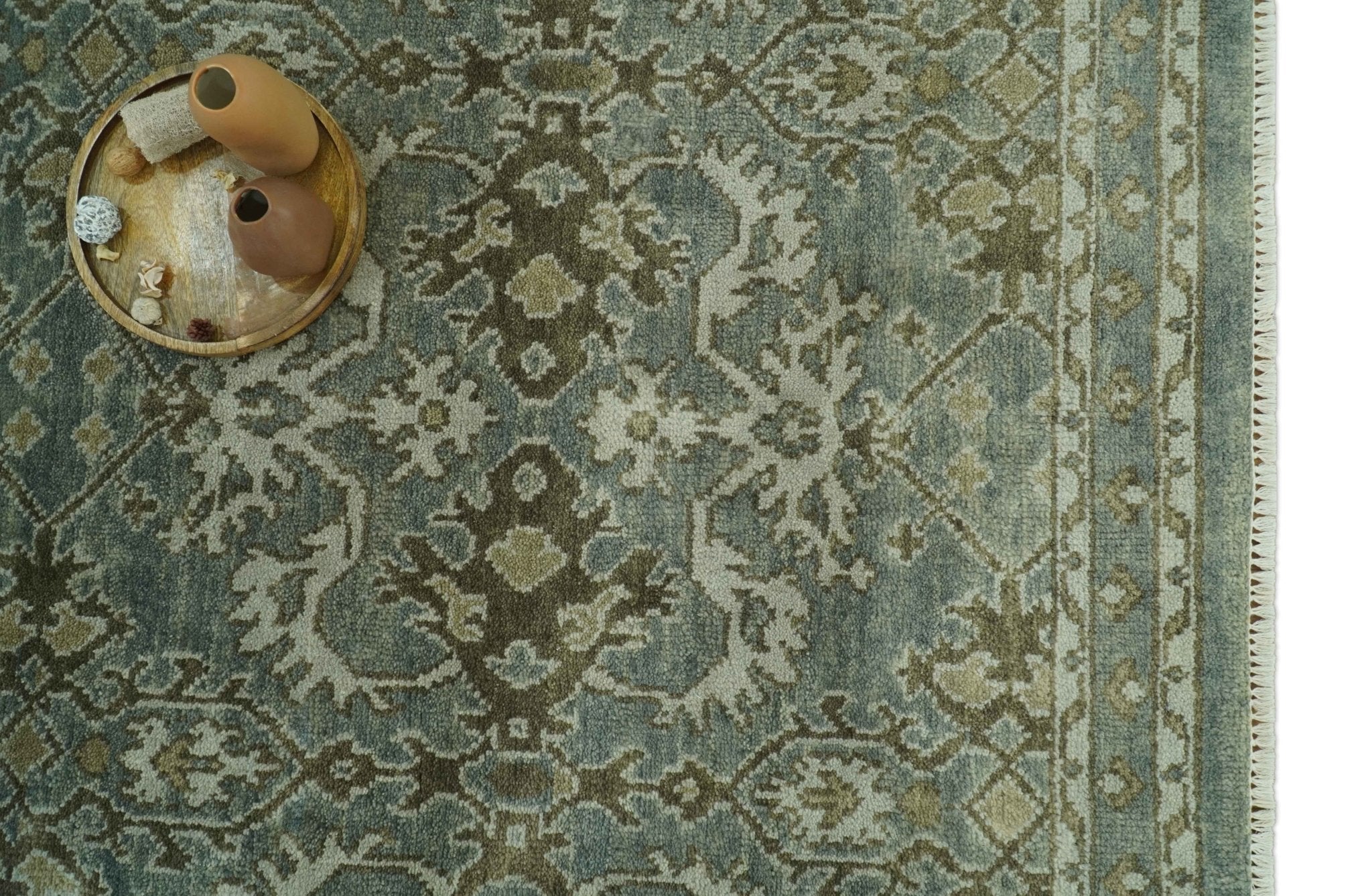 Traditional Ikat large Design Gray, Silver and Olive 8x10 Hand Knotted wool area rug