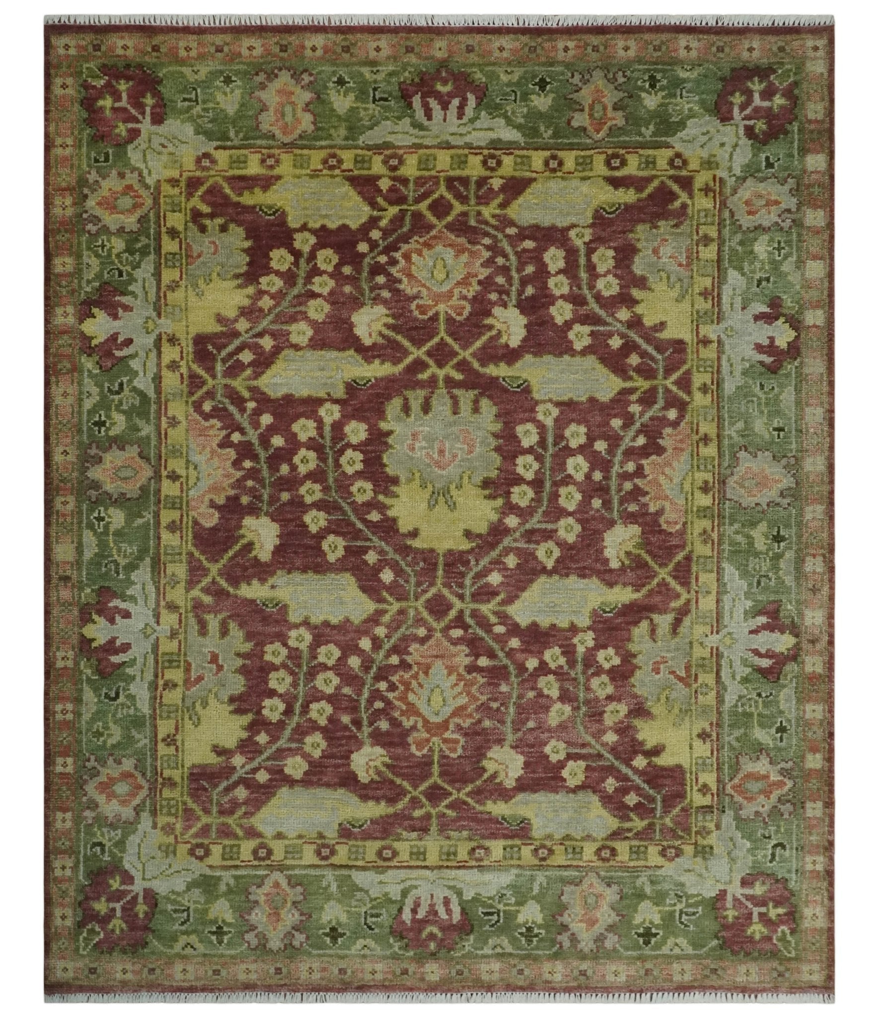 Traditional Maroon, Green and Beige Antique Donegal Design Hand knotted Area Rug - The Rug Decor