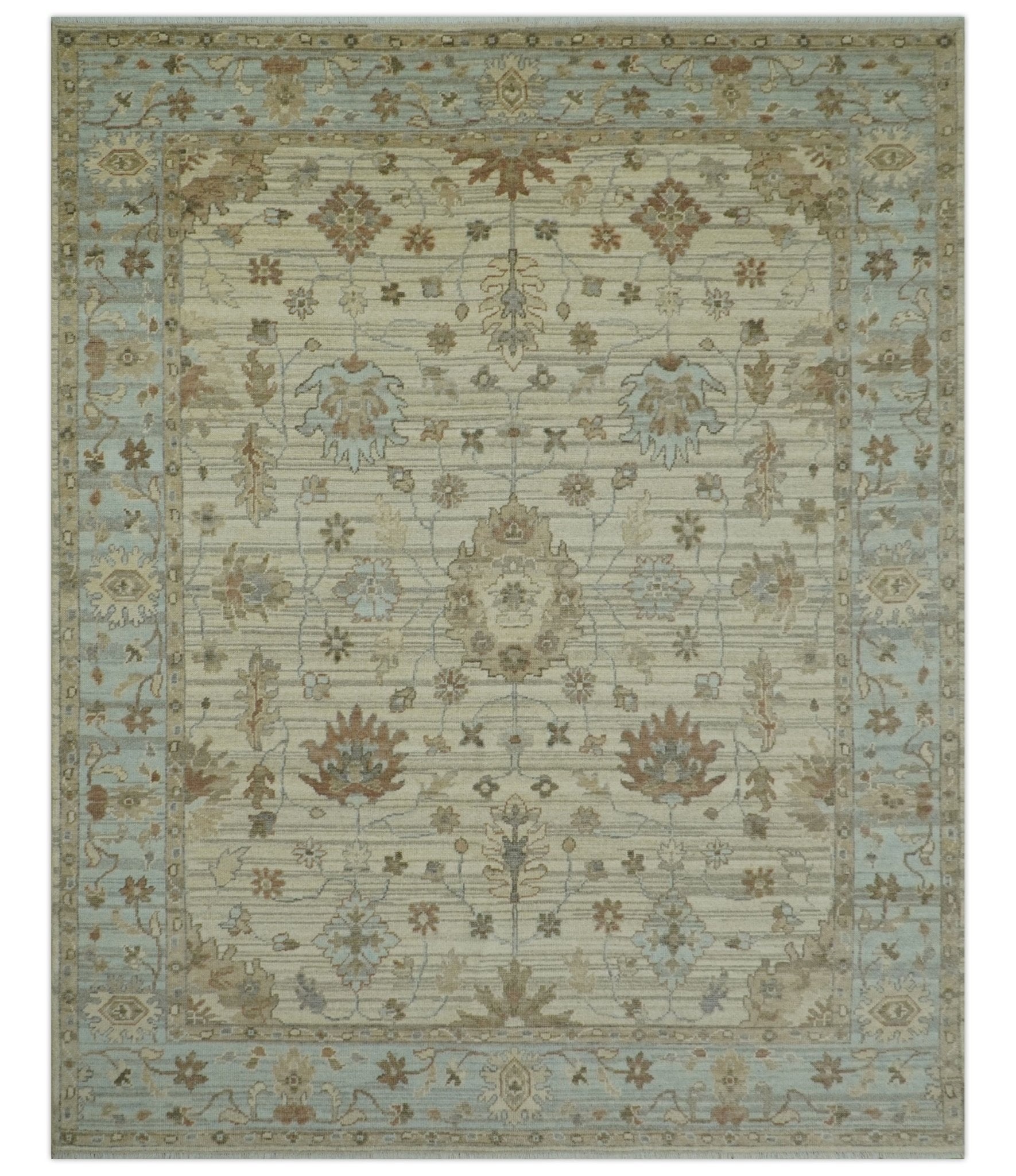 Traditional Oushak  Beige, Brown And Blue Hand Knotted Custom Made Wool rug