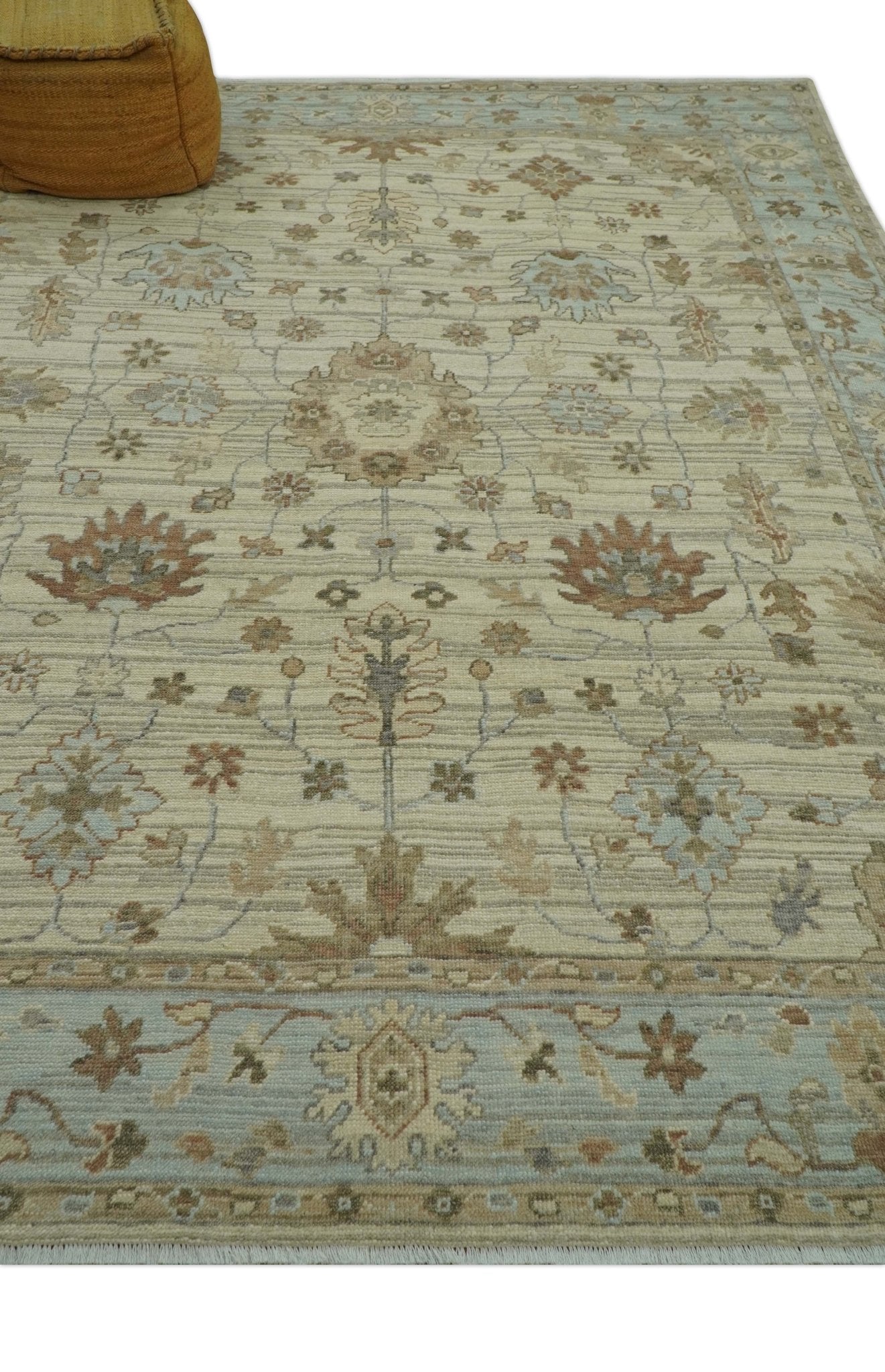 Traditional Oushak  Beige, Brown And Blue Hand Knotted Custom Made Wool rug