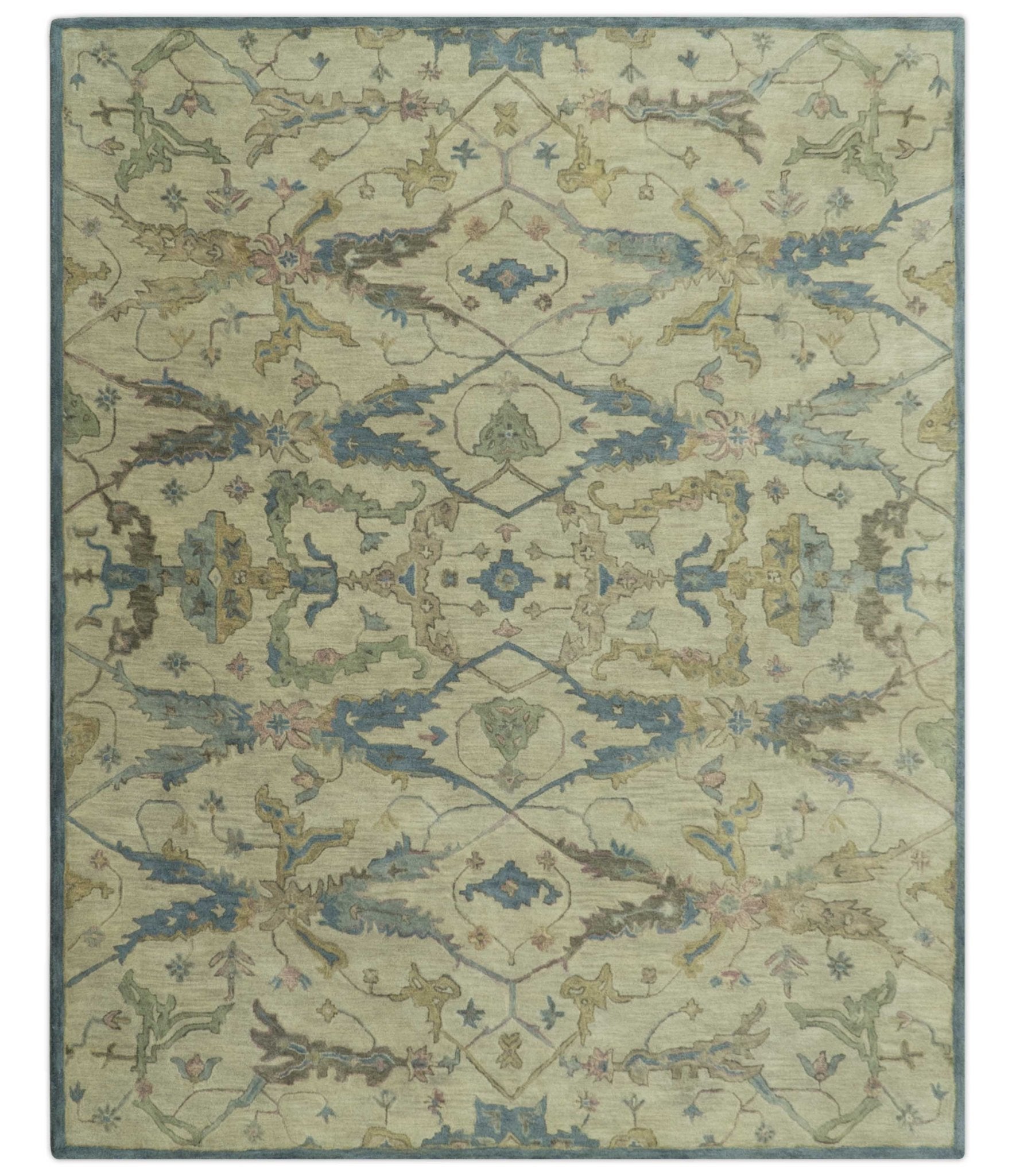 Traditional Oushak Design Beige And Blue Hand Tufted 8x10 Wool Area Rug