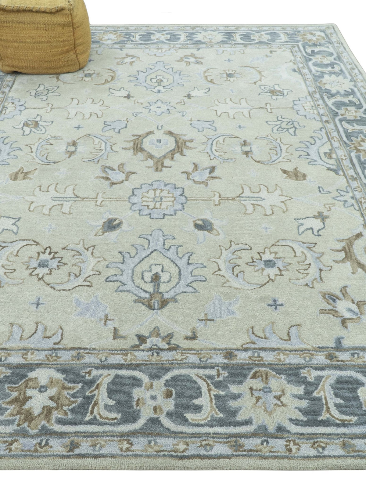 Traditional Oushak Design Beige, Blue And Silver 8x10 Hand Tufted Wool Area Rug