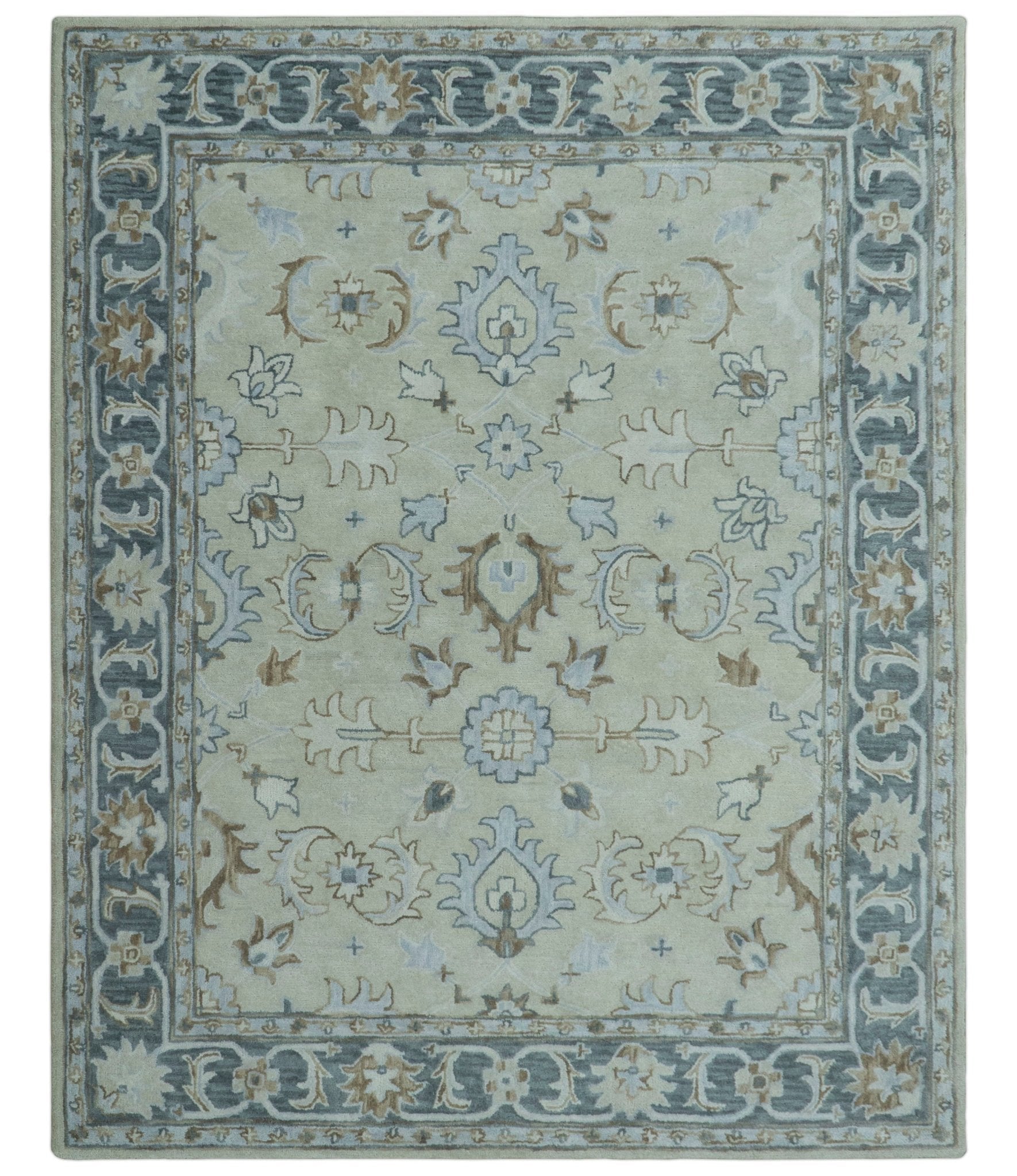 Traditional Oushak Design Beige, Blue And Silver 8x10 Hand Tufted Wool Area Rug
