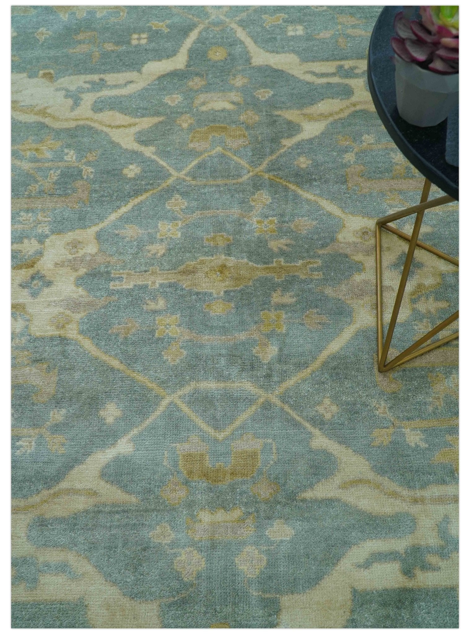 Traditional Oushak Design Blue And Beige Hand Knotted 8x10 Wool Area Rug