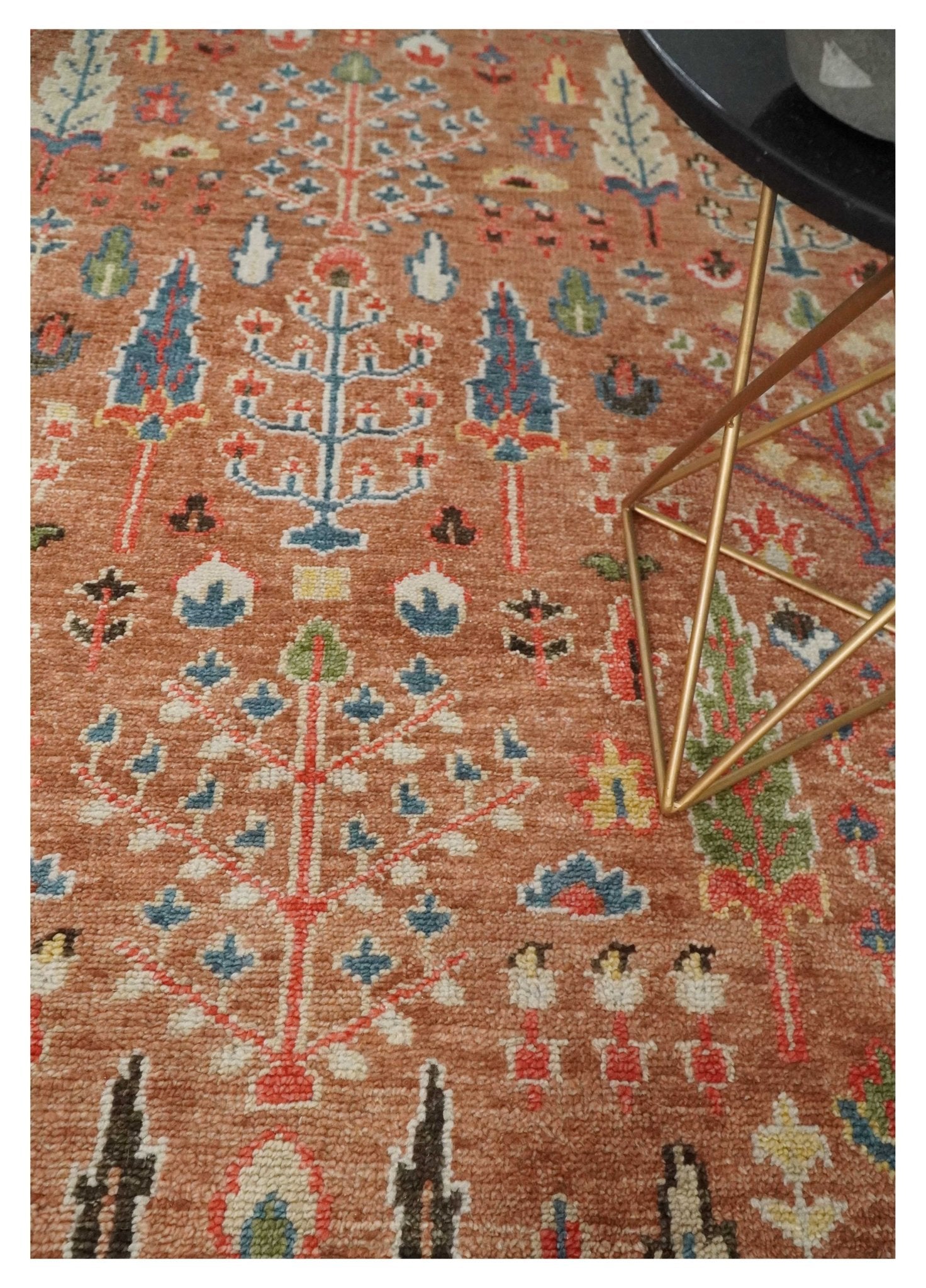 Traditional Oushak Tree of Life Rust and Brown Hand Knotted Wool Rug