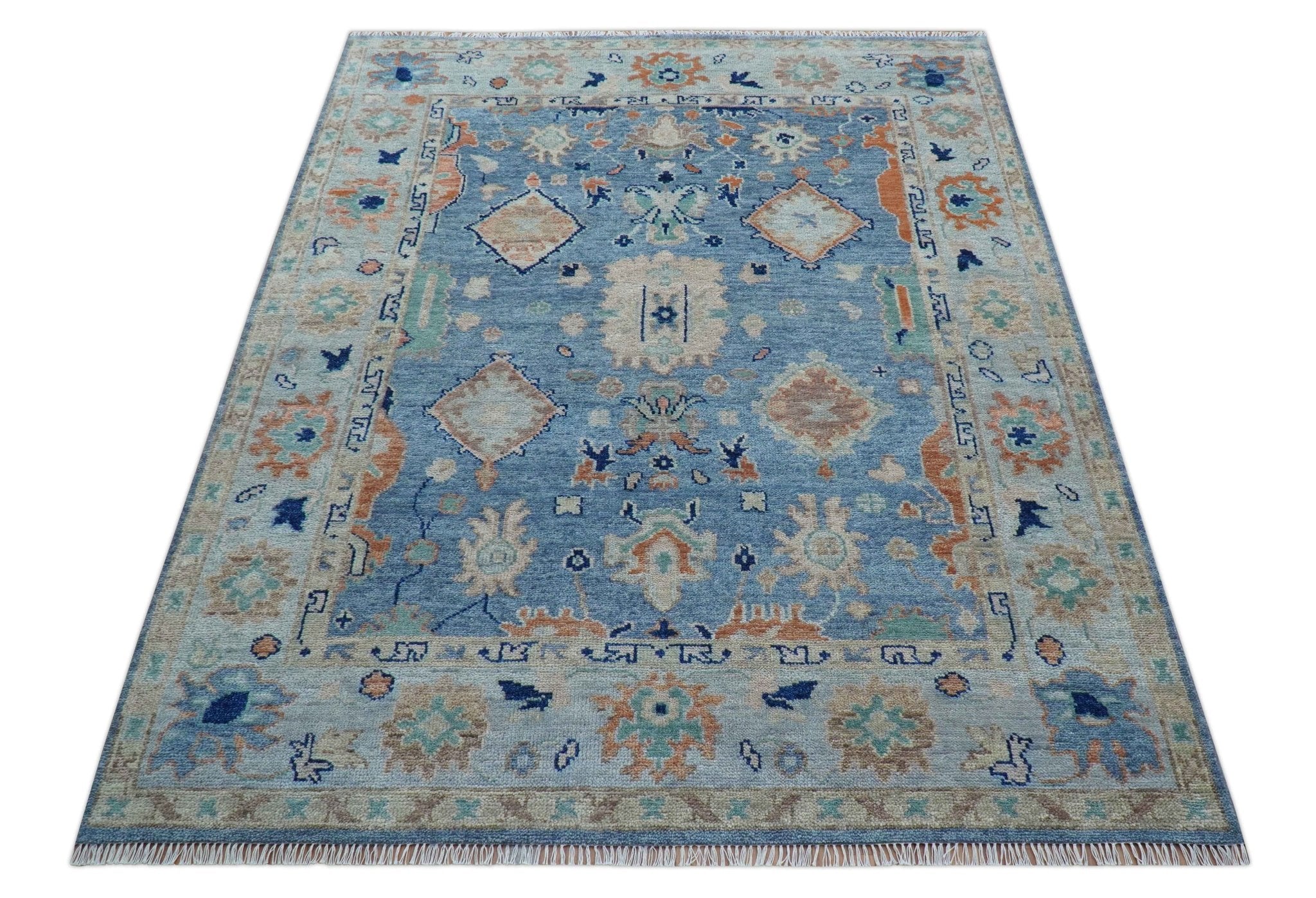Traditional Turkish Design Blue And Beige 8x10 Hand knotted Wool Area Rug