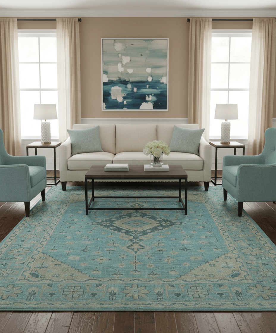 Traditional Turkish Design Blue And Beige Hand Knotted Wool Area Rug
