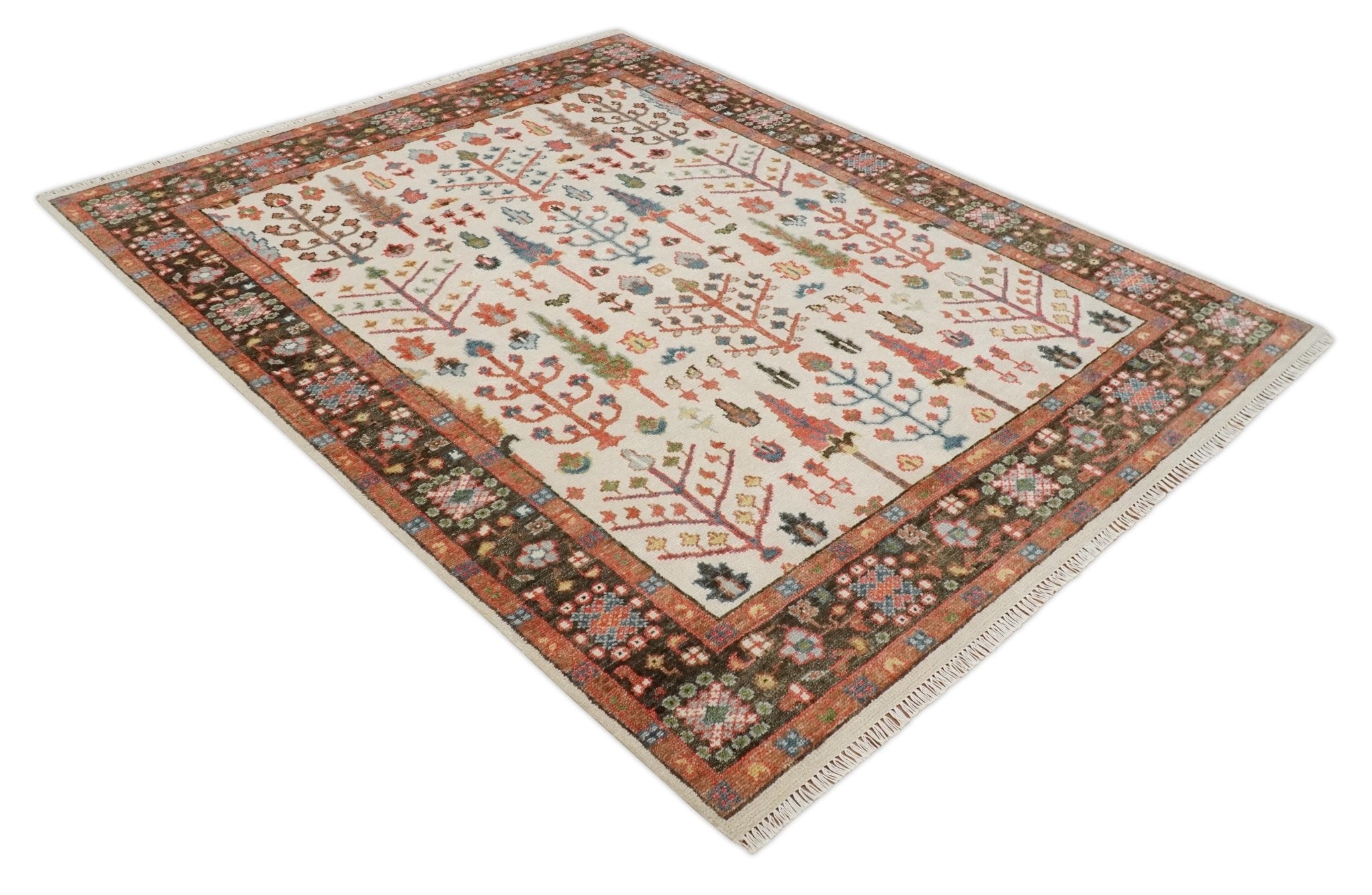 Tree of Life 8x10 Hand Knotted Ivory, Brown and Rust Traditional Oushak Wool Rug