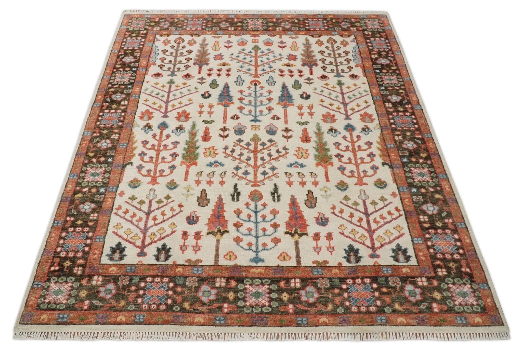 Tree of Life 8x10 Hand Knotted Ivory, Brown and Rust Traditional Oushak Wool Rug