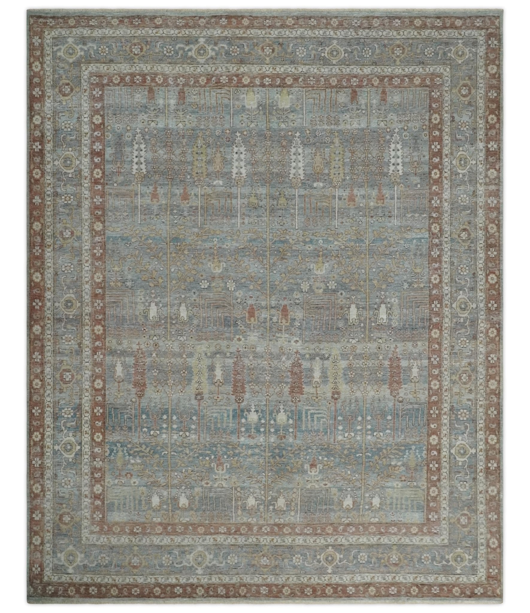 Tree of life Antique Distressed Finished Gray, Silver and Rust Low Pile Multi Size wool Area Rug - The Rug Decor