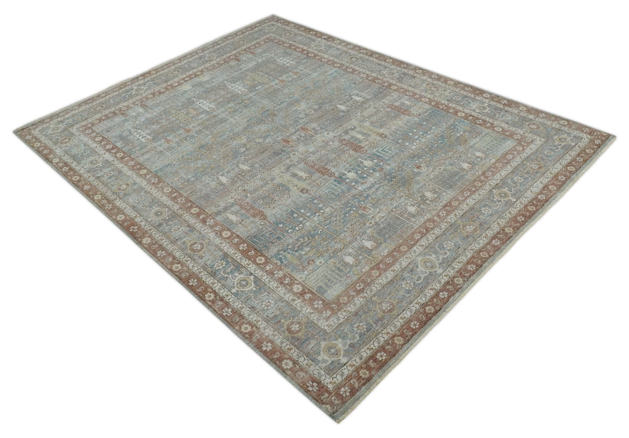 Tree of life Antique Distressed Finished Gray, Silver and Rust Low Pile Multi Size wool Area Rug - The Rug Decor