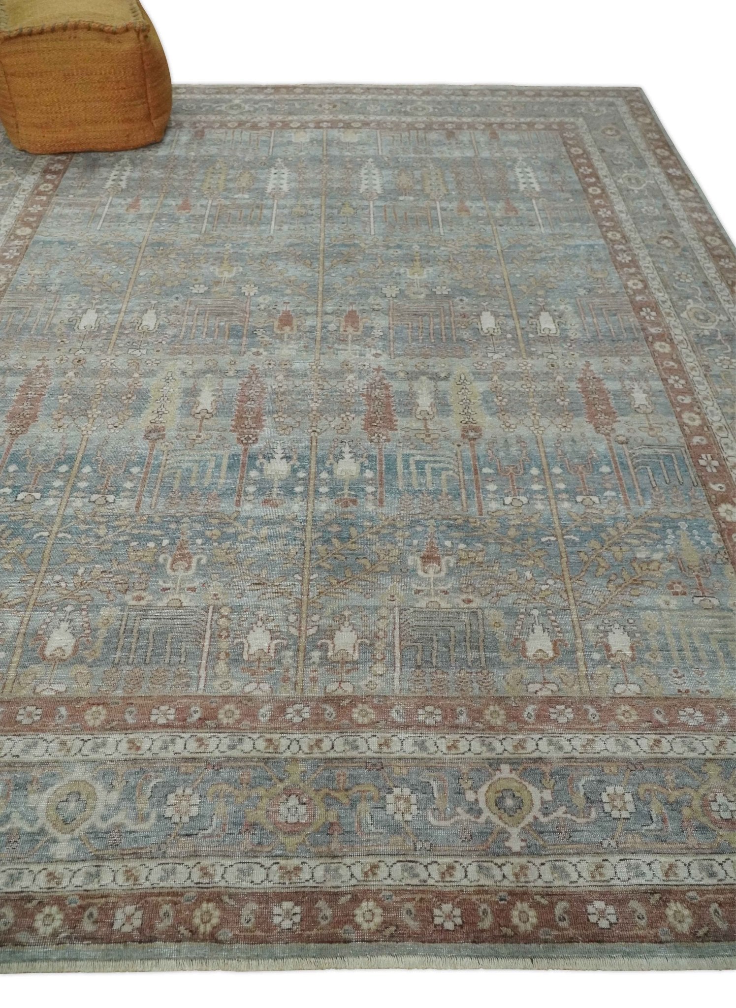 Tree of life Antique Distressed Finished Gray, Silver and Rust Low Pile Multi Size wool Area Rug - The Rug Decor
