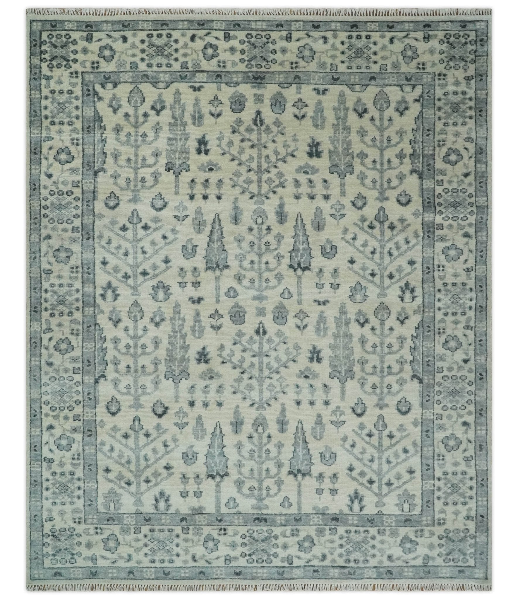Tree of Life Hand Knotted Ivory and Charcoal Traditional Oushak 8x10 Wool Rug