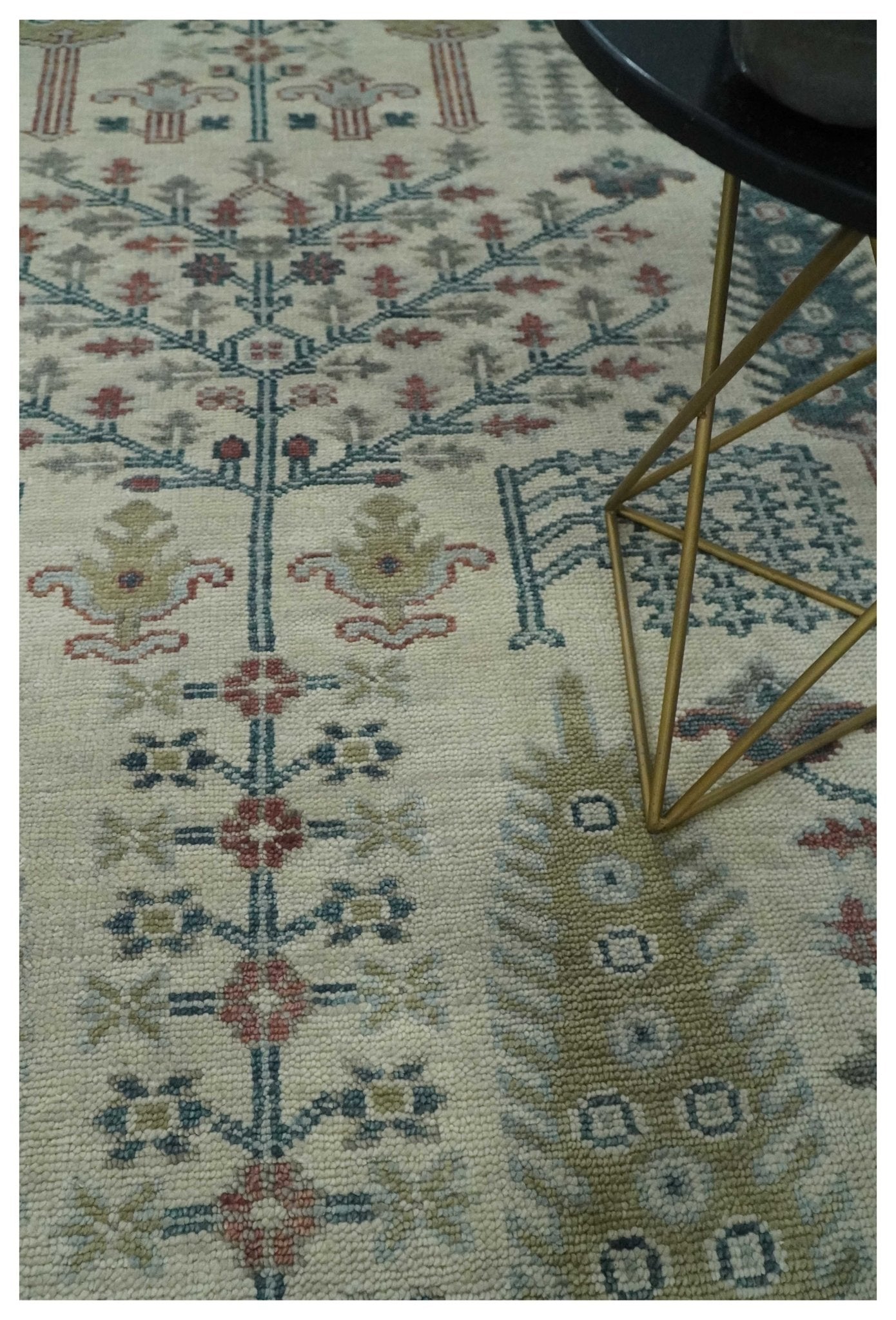 Tree of life Ivory, Teal, Olive and Brown Hand Knotted Traditional Oushak wool Area Rug