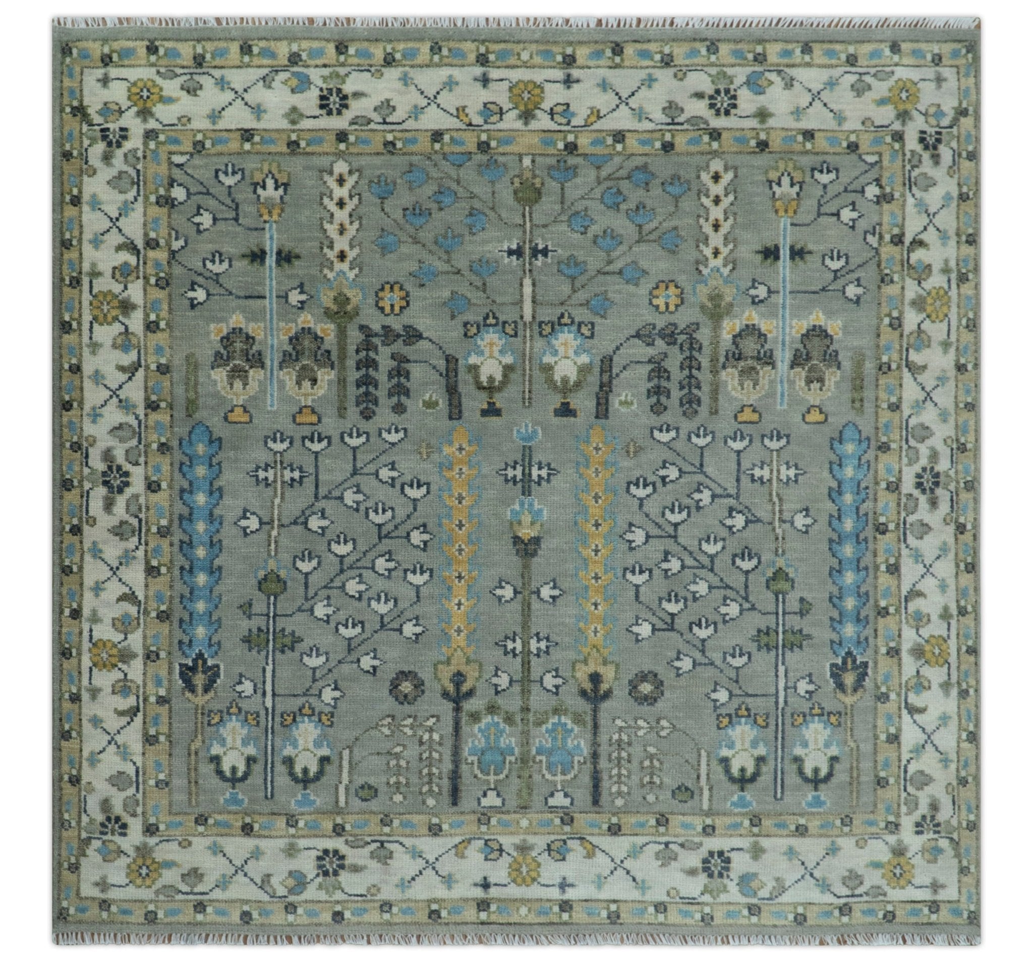 Tree of life Silver and Ivory Hand Knotted Traditional Multi Size Wool Area Rug