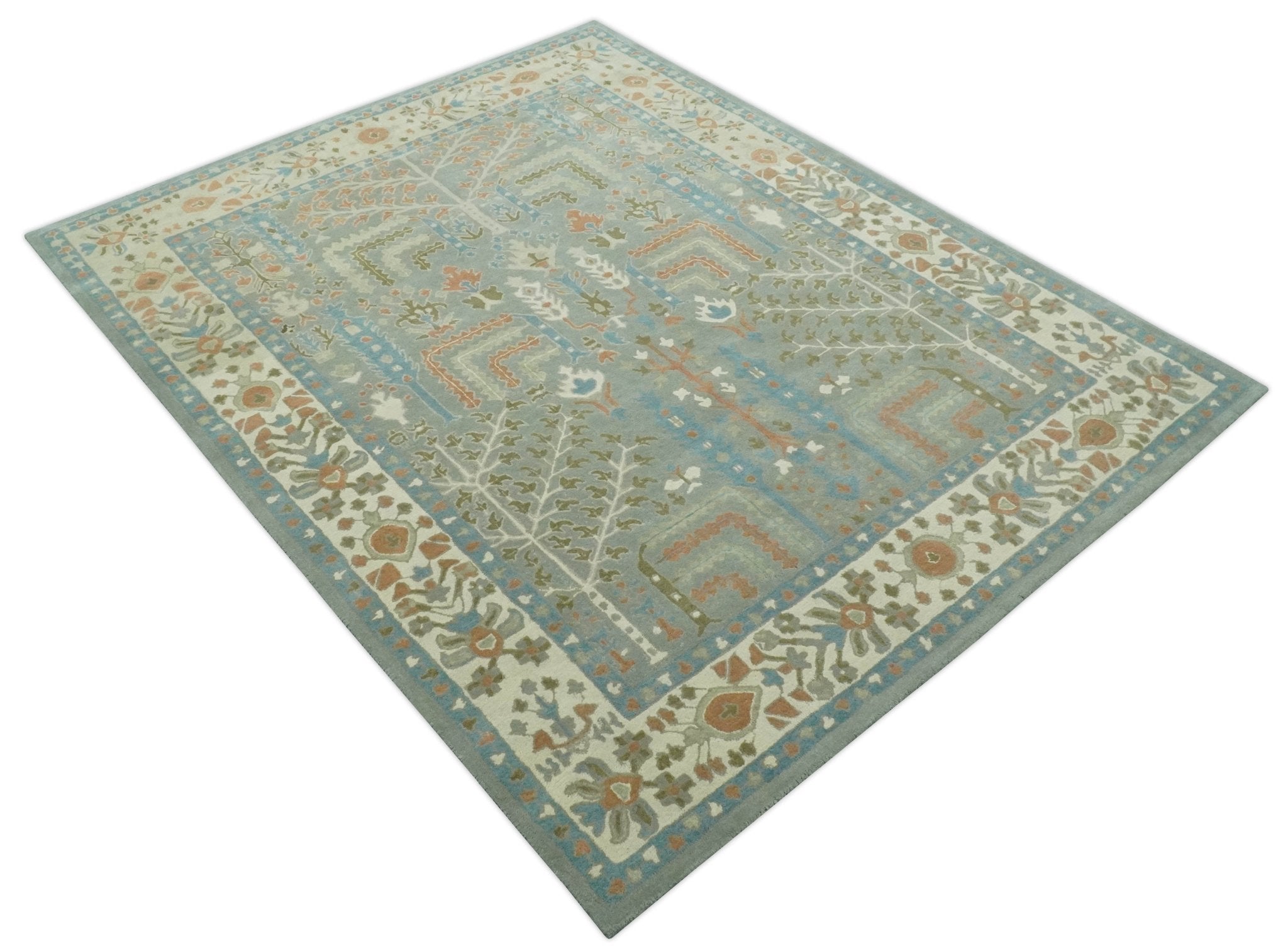 Tree of life Traditional Floral Gray, Beige, Green and Dark Peach Hand Tufted wool Area Rug - The Rug Decor