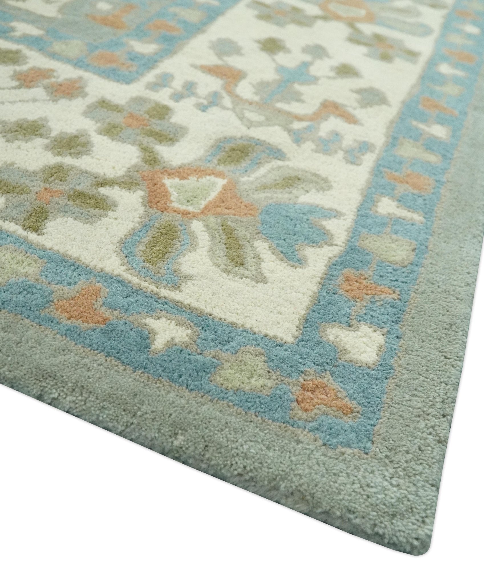 Tree of life Traditional Floral Gray, Beige, Green and Dark Peach Hand Tufted wool Area Rug - The Rug Decor