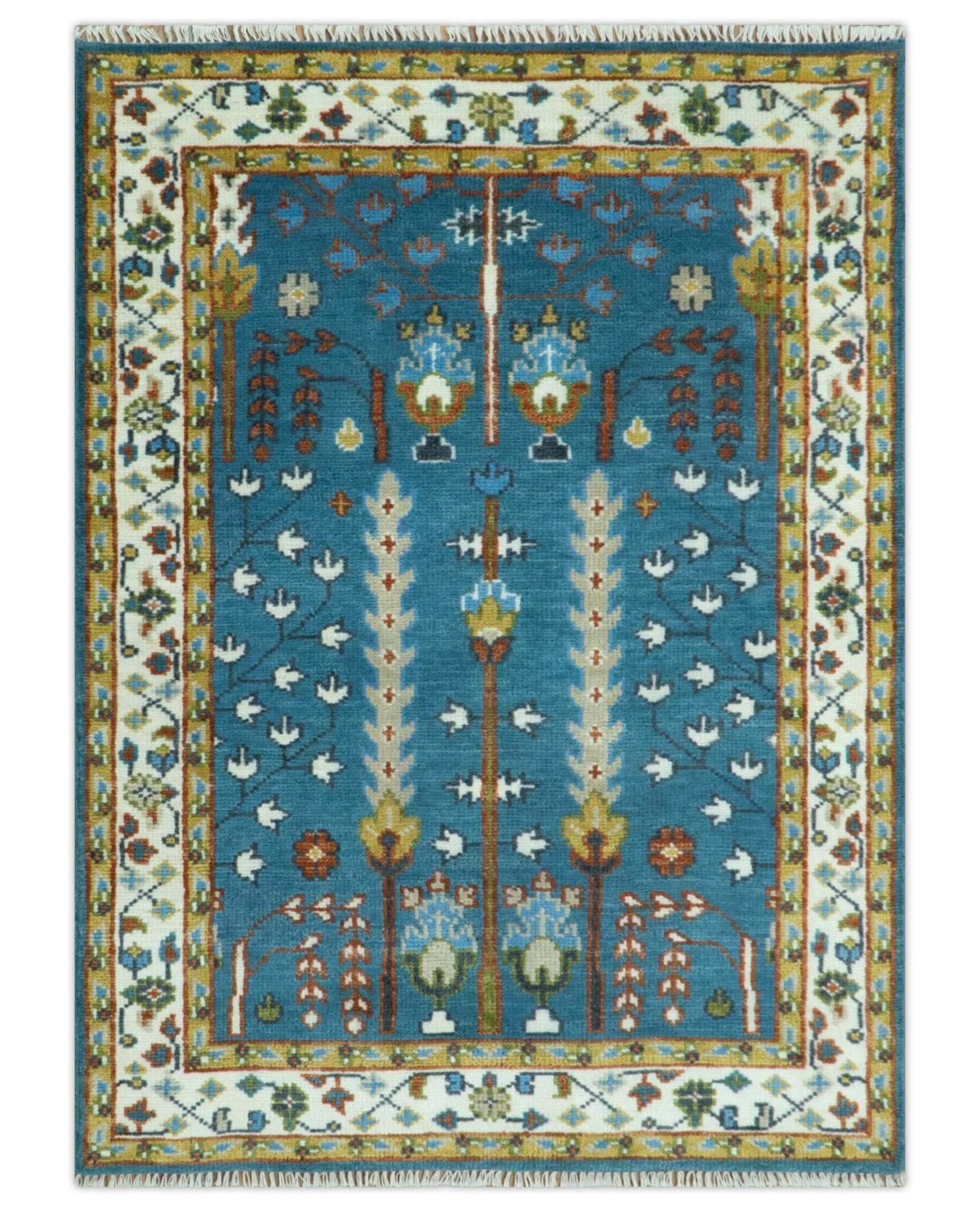 Tree of Life Traditional Hand Knotted Teal Blue and Ivory Custom Made Wool Area Rug - The Rug Decor