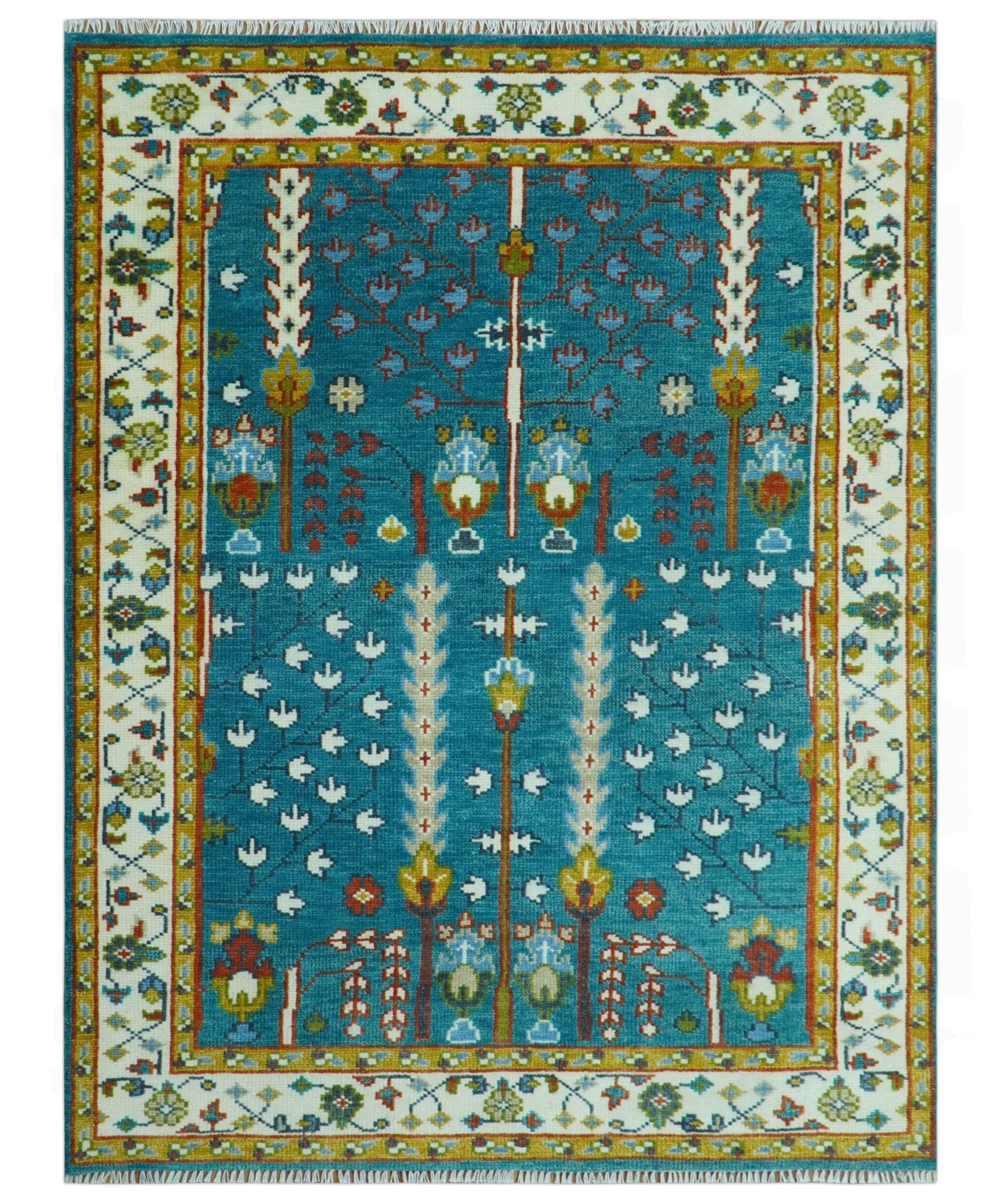 Tree of Life Traditional Hand Knotted Teal Blue and Ivory Custom Made Wool Area Rug - The Rug Decor