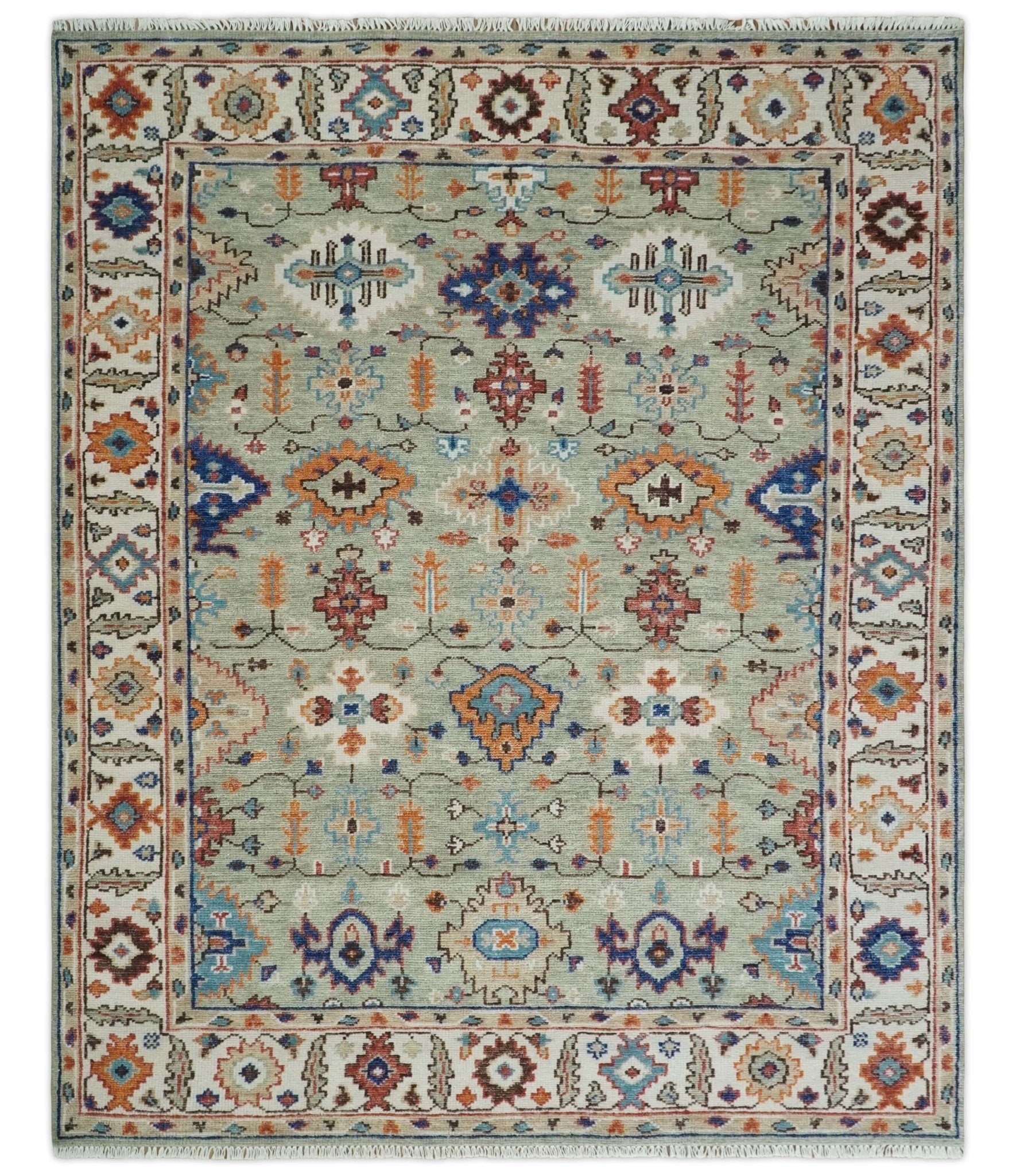 Turkish Knot Antique Green and Ivory Traditional Multi Size Hand knotted Oushak Rug