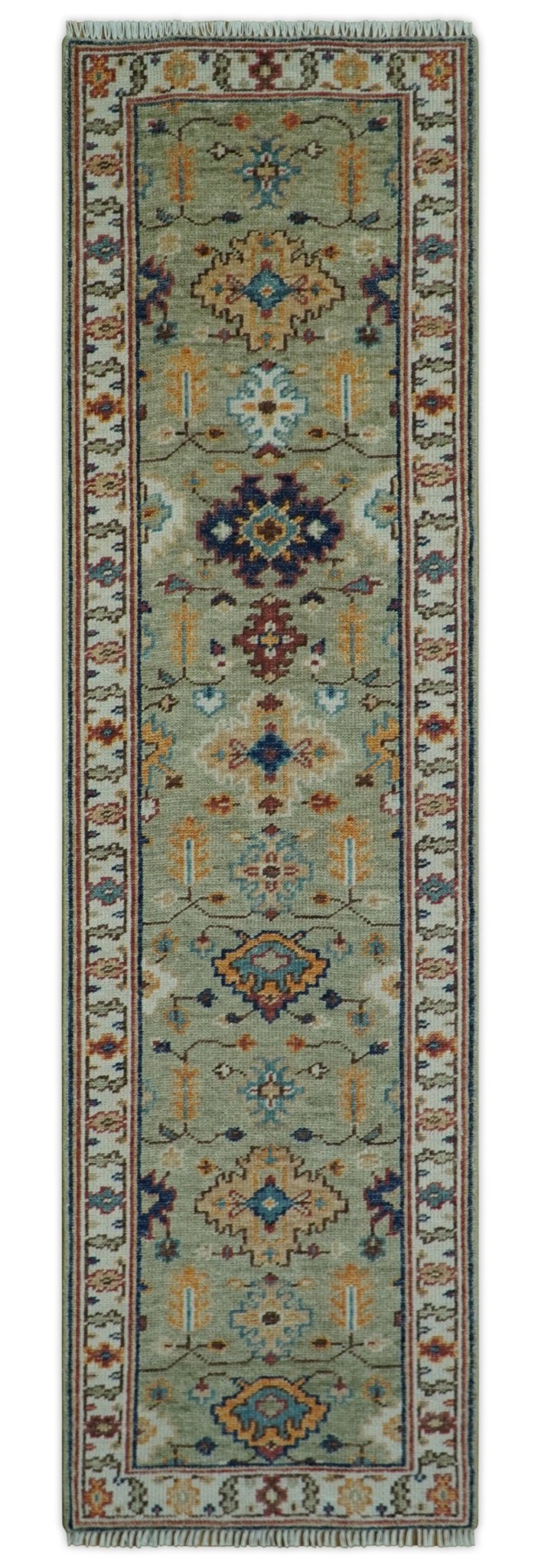Turkish Knot Antique Green and Ivory Traditional Multi Size Hand knotted Oushak Rug
