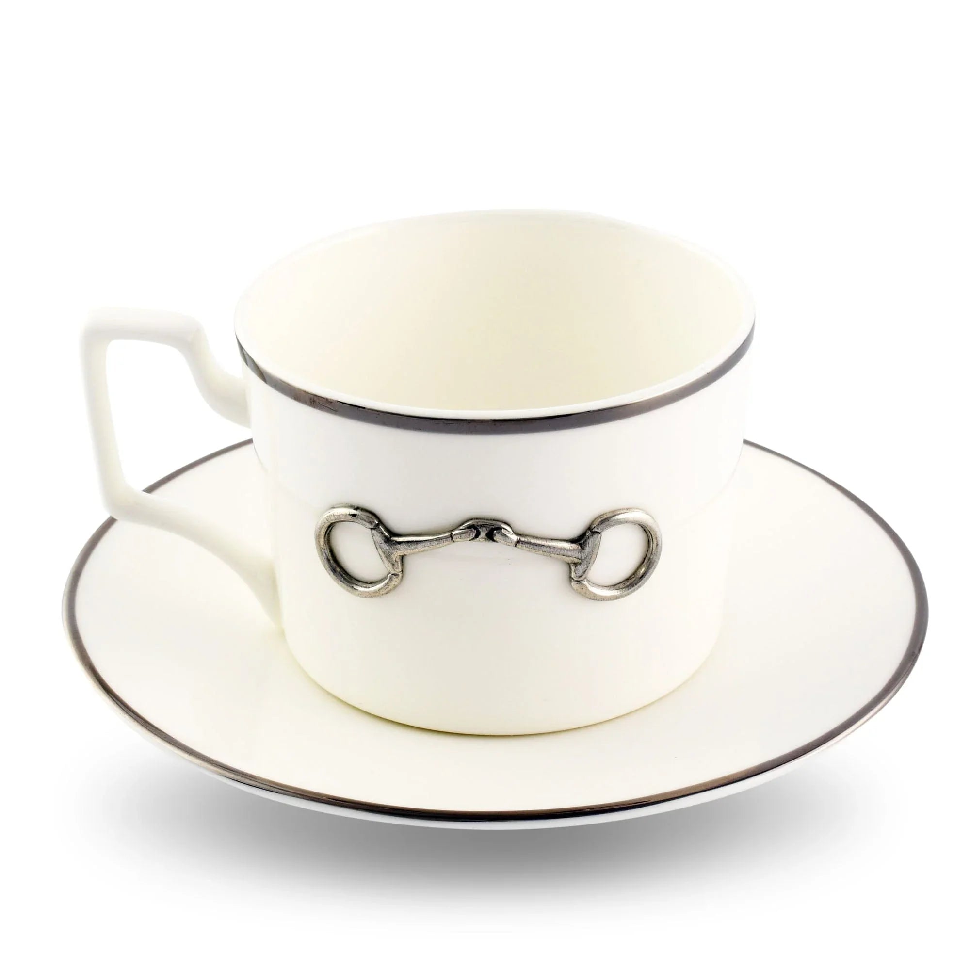 Pewter Bit Bone China Cup and Saucer Platinum Rim - The Mayfair Hall