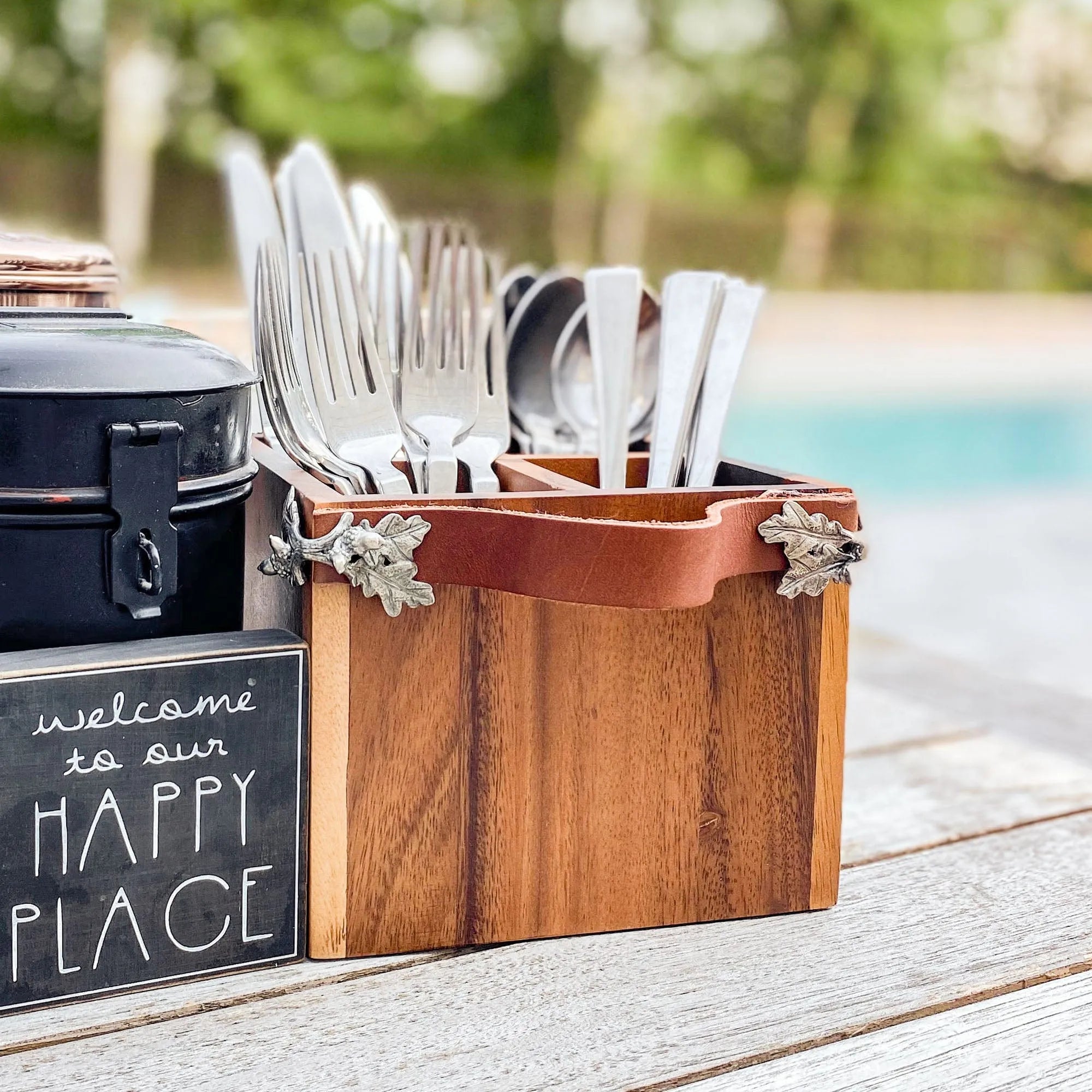 Acorn Oak Leaf Flatware Caddy - Square Box Wood - The Mayfair Hall