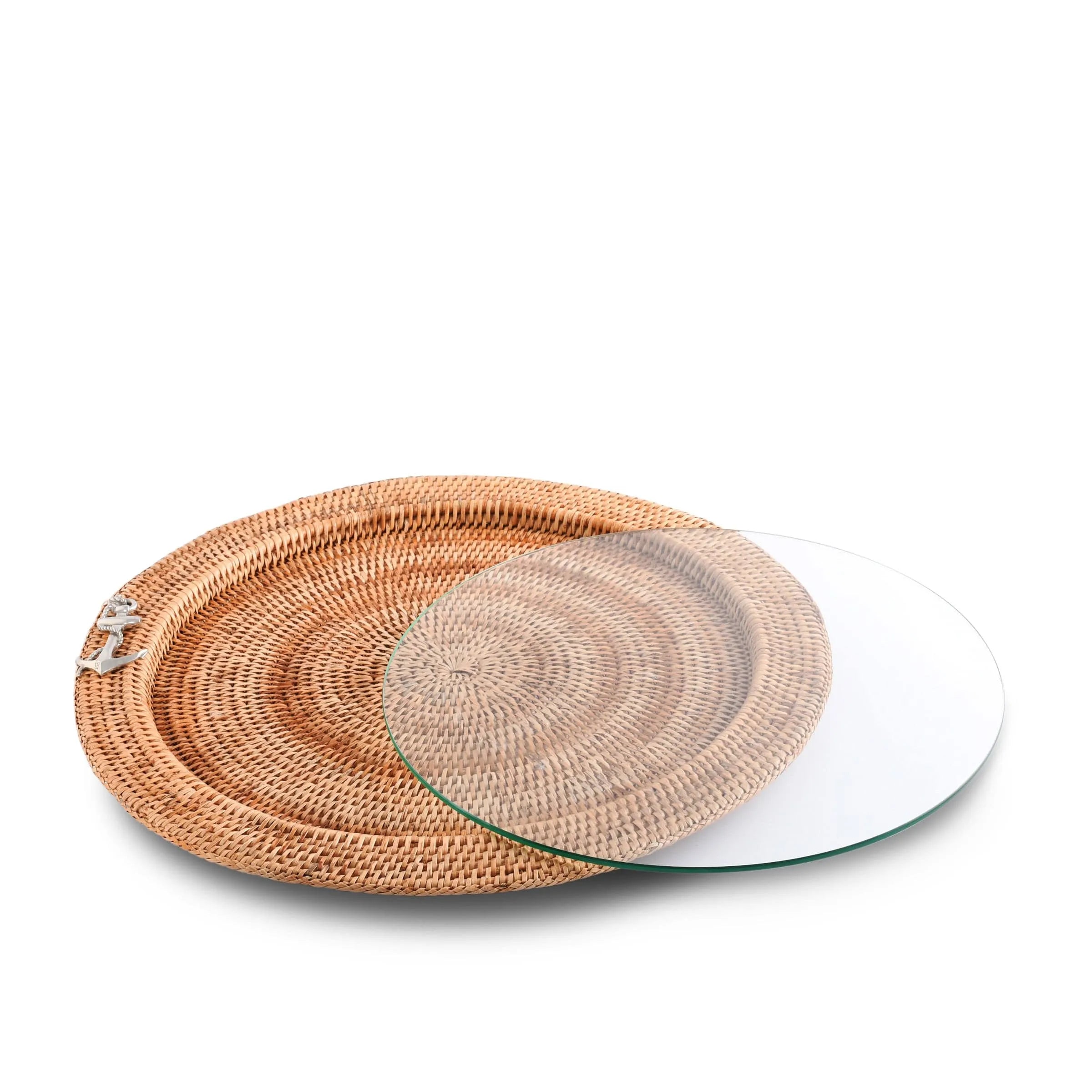 Anchor Round Serving Tray Hand Woven Wicker Rattan - Glass Insert - The Mayfair Hall