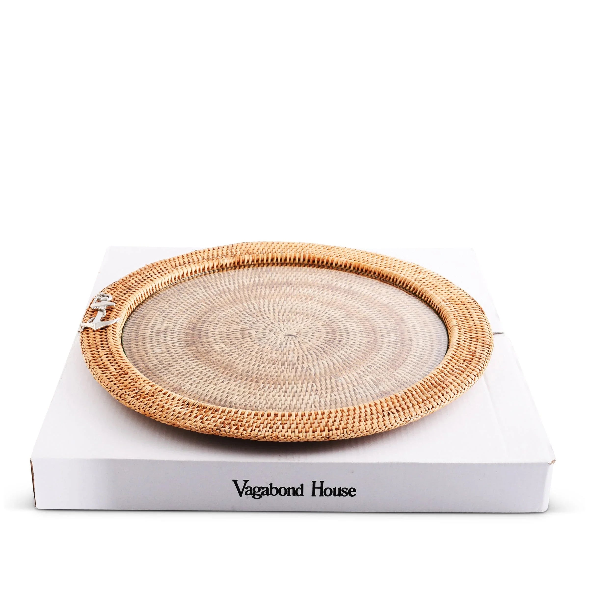 Anchor Round Serving Tray Hand Woven Wicker Rattan - Glass Insert - The Mayfair Hall