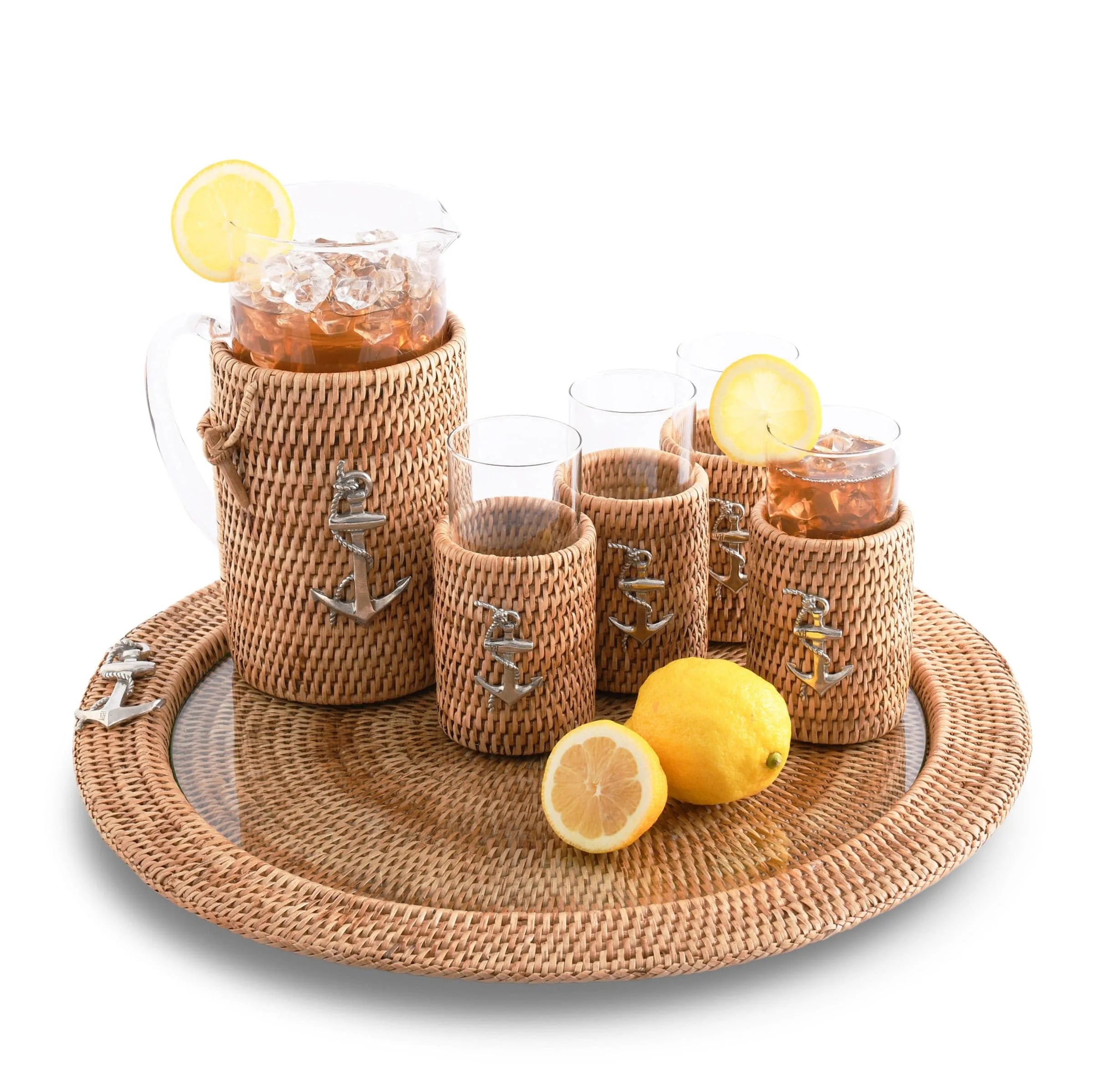 Anchor Round Serving Tray Hand Woven Wicker Rattan - Glass Insert - The Mayfair Hall